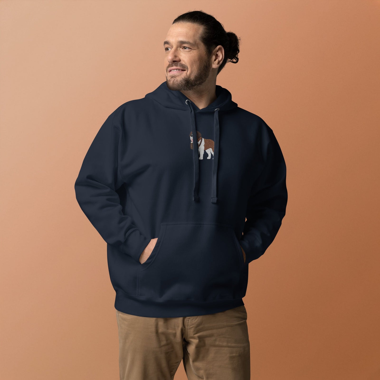 Premium hoodie embroidered with a detailed Saint Bernard with a barrel around its neck by Lucy and Norman.