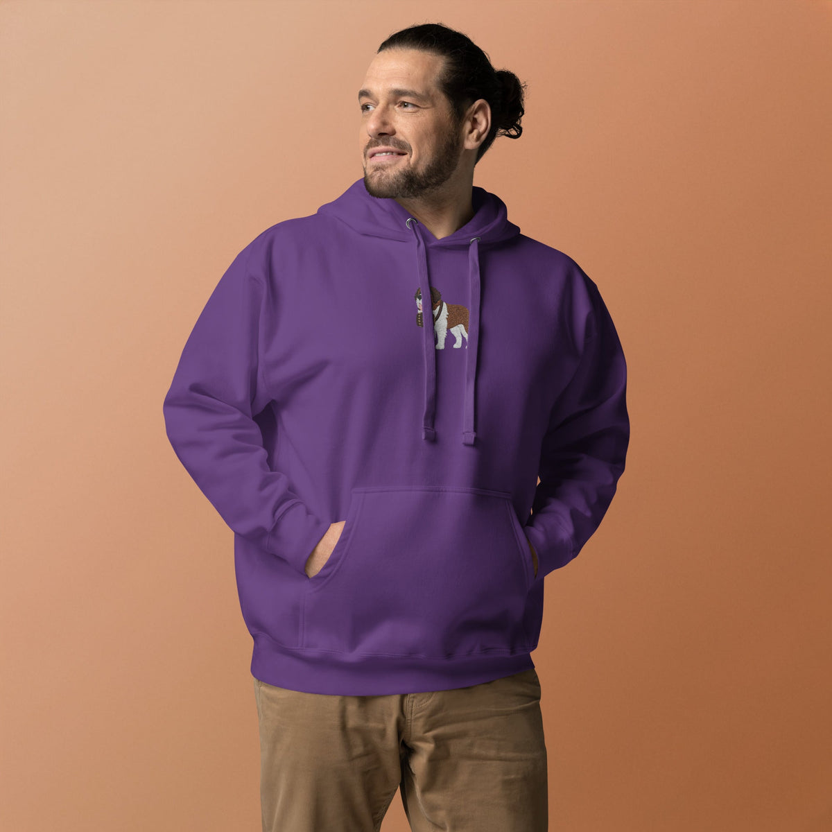 Premium hoodie embroidered with a detailed Saint Bernard with a barrel around its neck by Lucy and Norman.