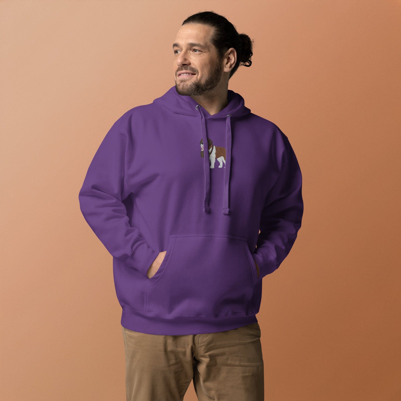 Premium hoodie embroidered with a detailed Saint Bernard with a barrel around its neck by Lucy and Norman.