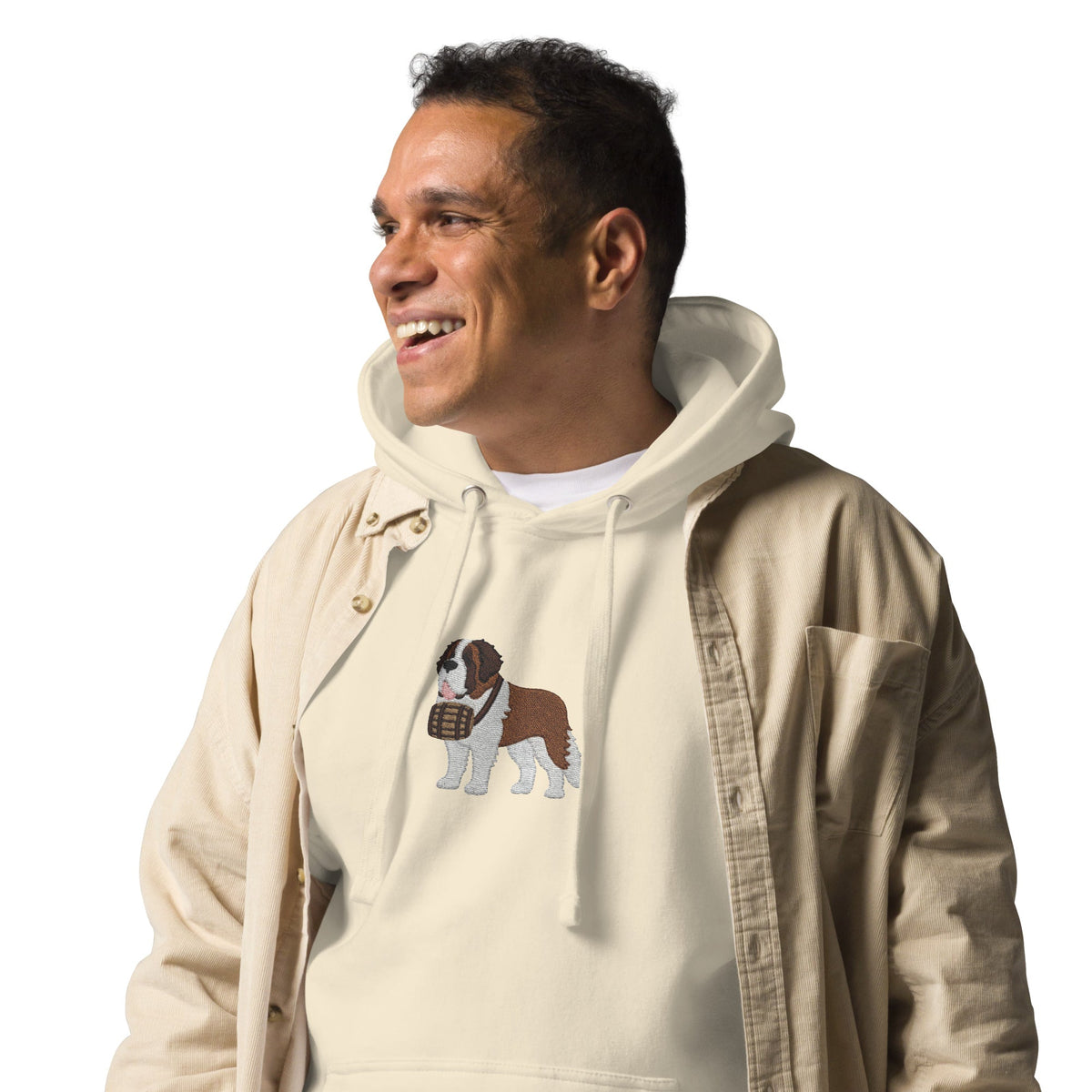 Premium hoodie embroidered with a detailed Saint Bernard with a barrel around its neck by Lucy and Norman.