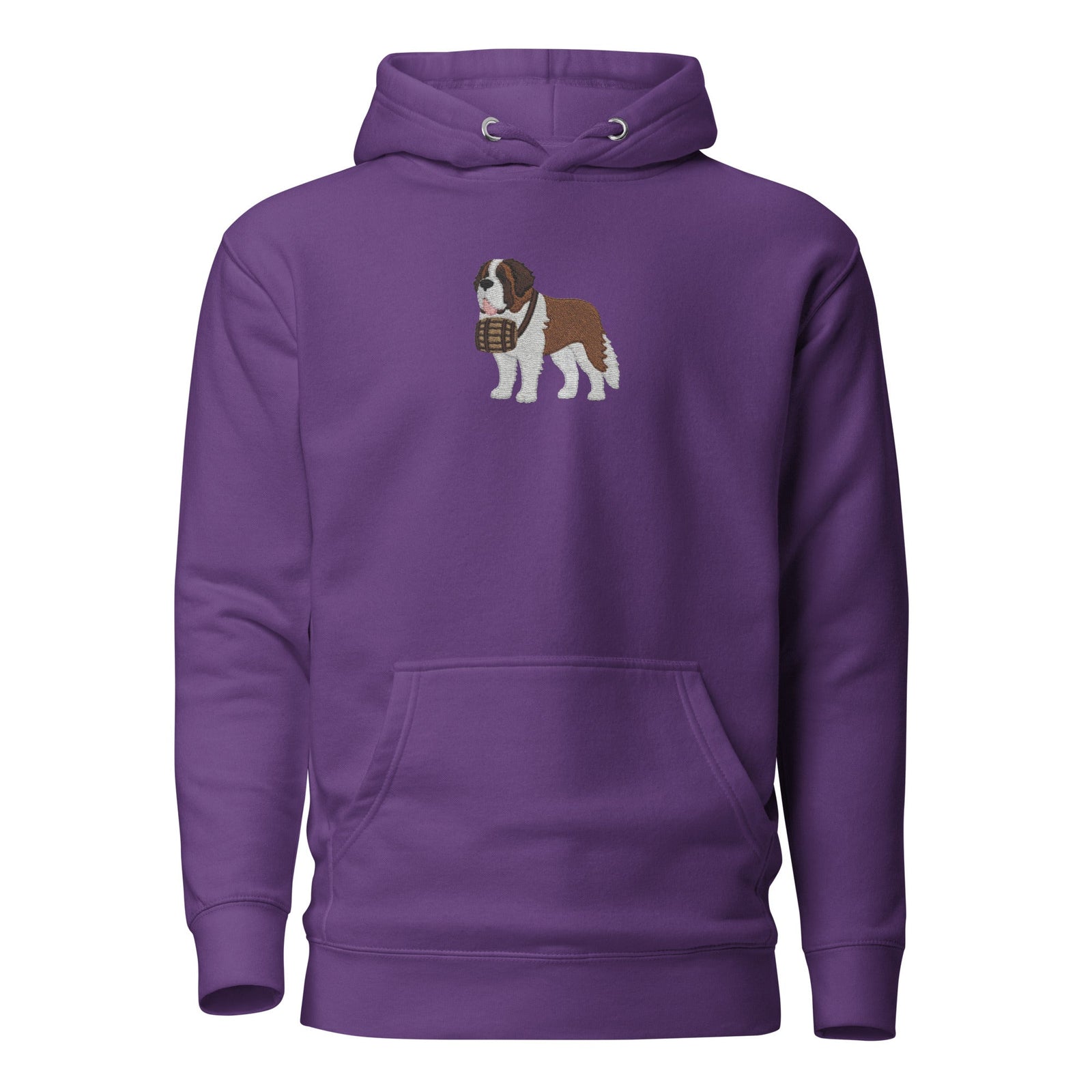 Premium hoodie embroidered with a detailed Saint Bernard with a barrel around its neck by Lucy and Norman.