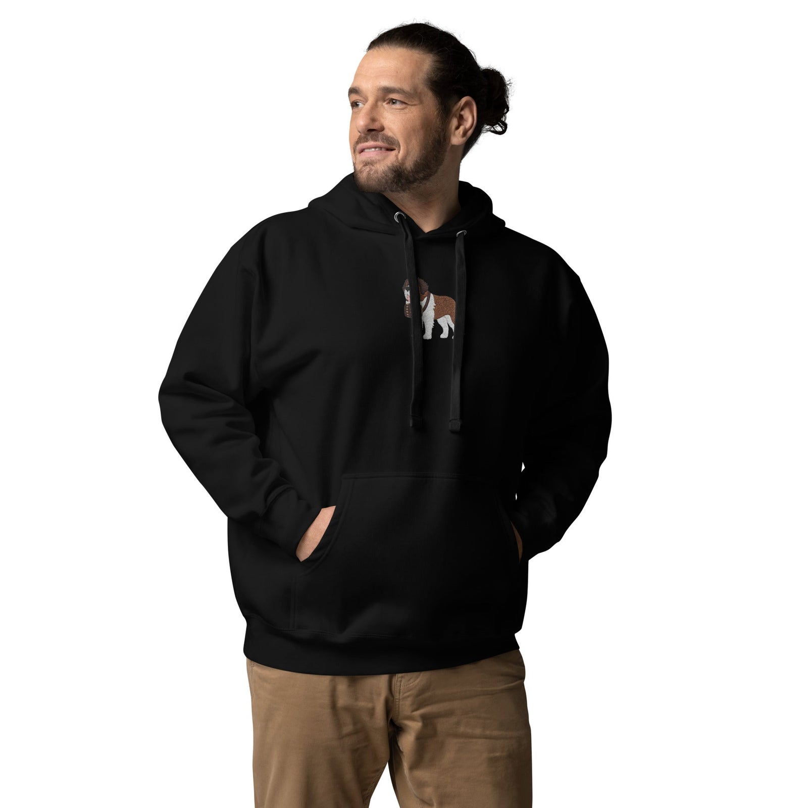 Premium hoodie embroidered with a detailed Saint Bernard with a barrel around its neck by Lucy and Norman.