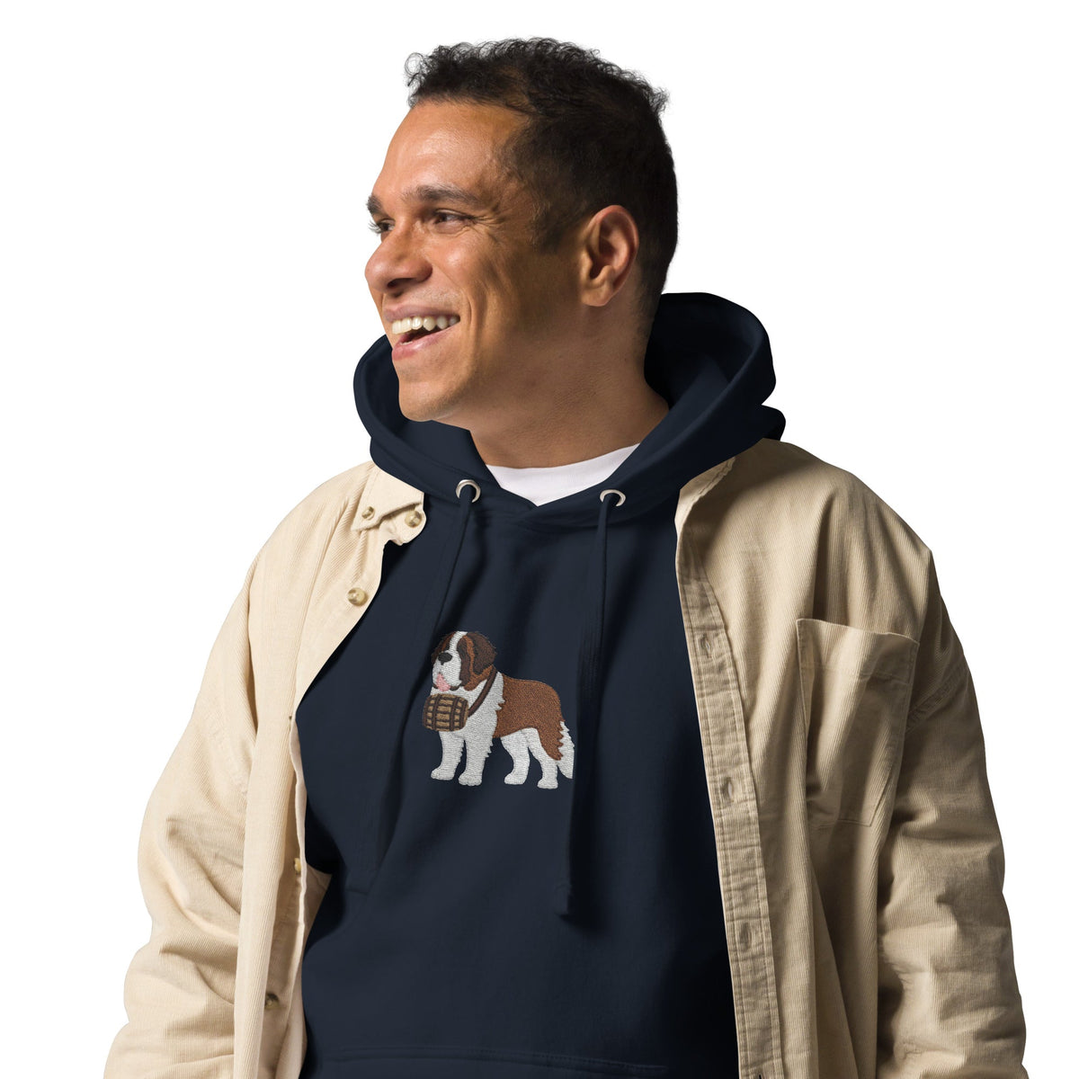 Premium hoodie embroidered with a detailed Saint Bernard with a barrel around its neck by Lucy and Norman.