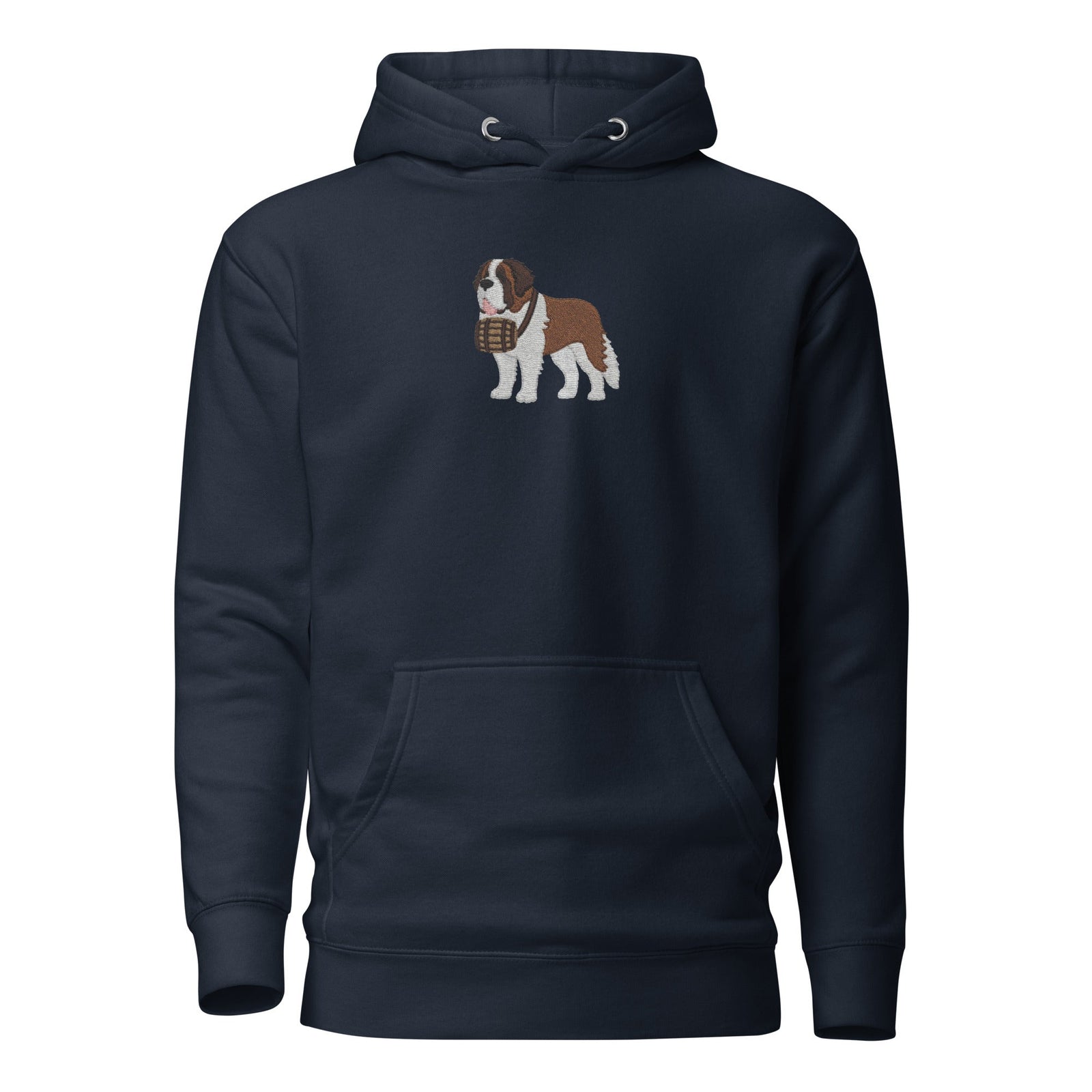 Premium hoodie embroidered with a detailed Saint Bernard with a barrel around its neck by Lucy and Norman.