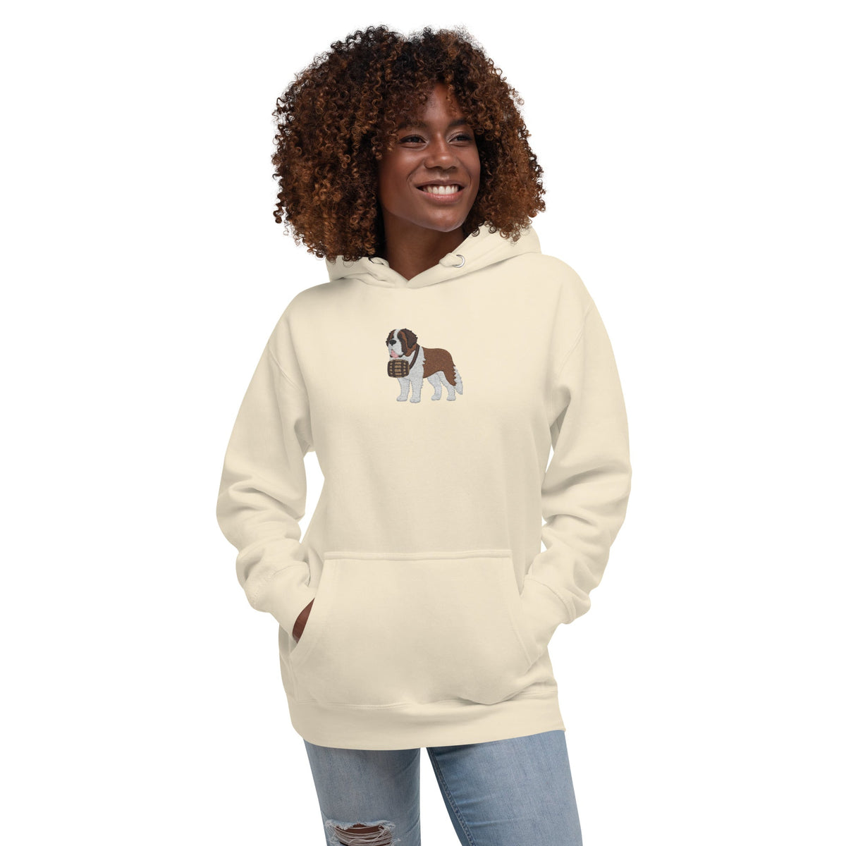 Premium hoodie embroidered with a detailed Saint Bernard with a barrel around its neck by Lucy and Norman.