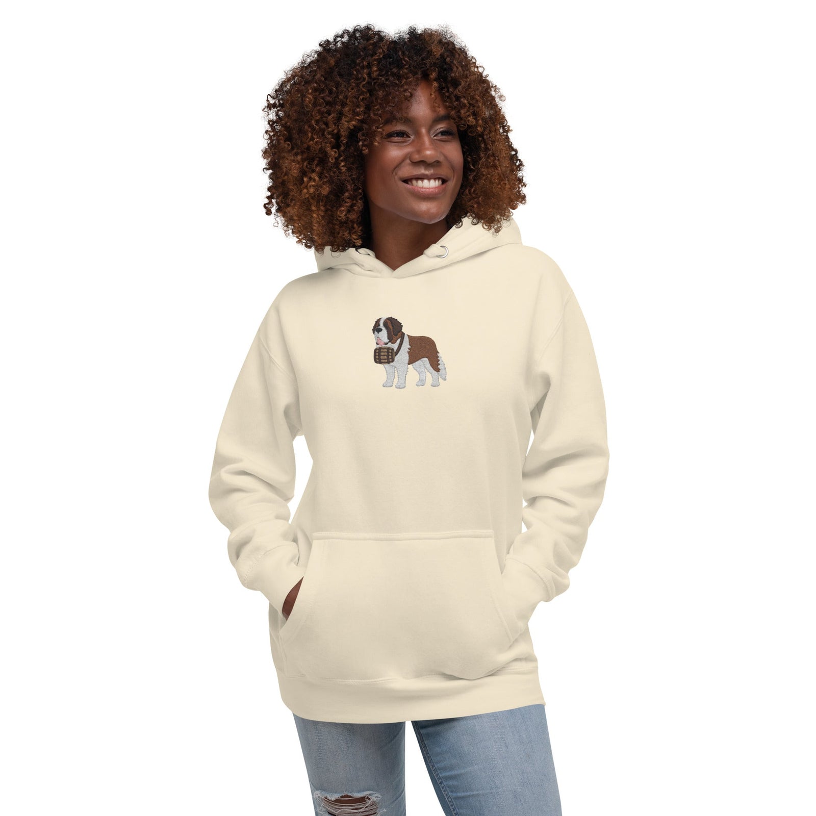 Premium hoodie embroidered with a detailed Saint Bernard with a barrel around its neck by Lucy and Norman.