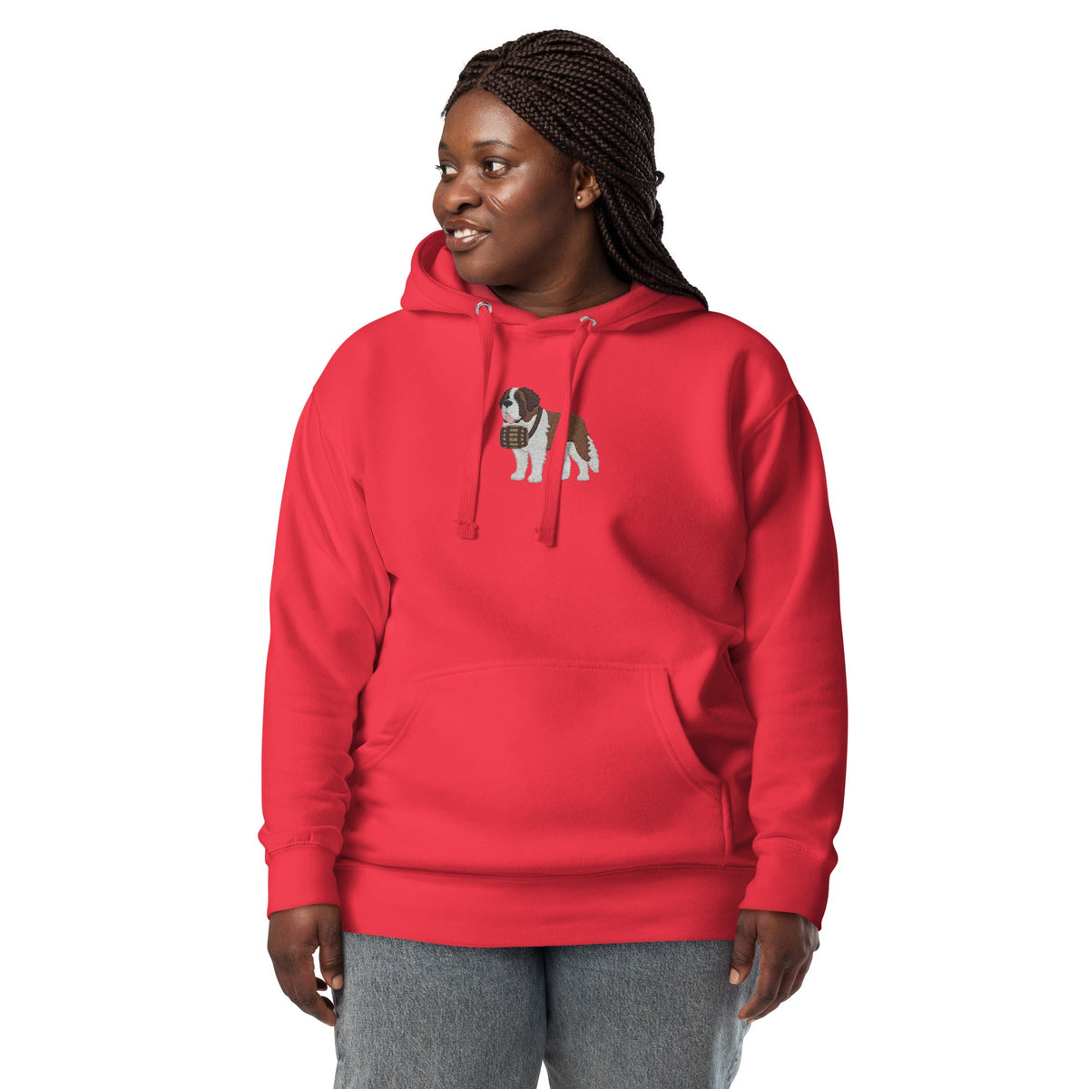 Premium hoodie embroidered with a detailed Saint Bernard with a barrel around its neck by Lucy and Norman.
