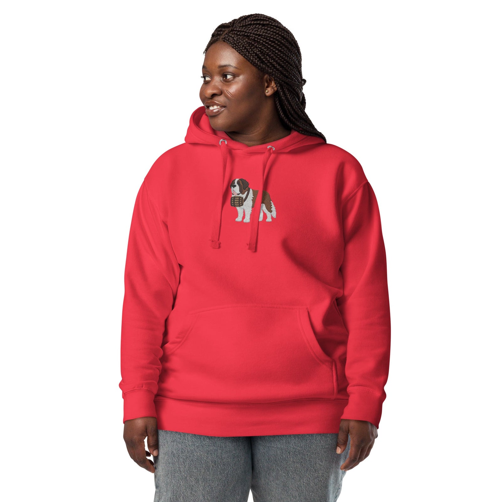 Premium hoodie embroidered with a detailed Saint Bernard with a barrel around its neck by Lucy and Norman.
