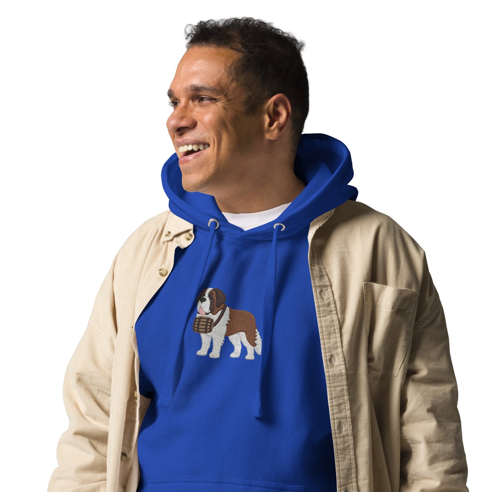 Premium hoodie embroidered with a detailed Saint Bernard with a barrel around its neck by Lucy and Norman.