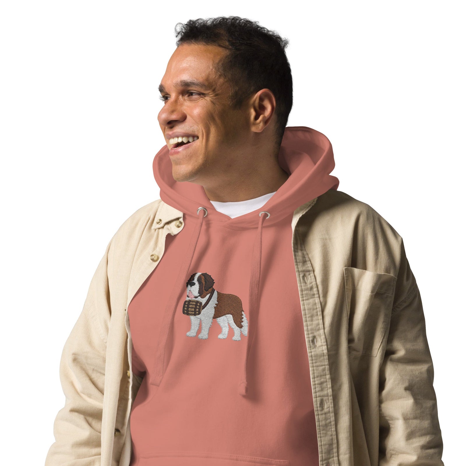 Premium hoodie embroidered with a detailed Saint Bernard with a barrel around its neck by Lucy and Norman.