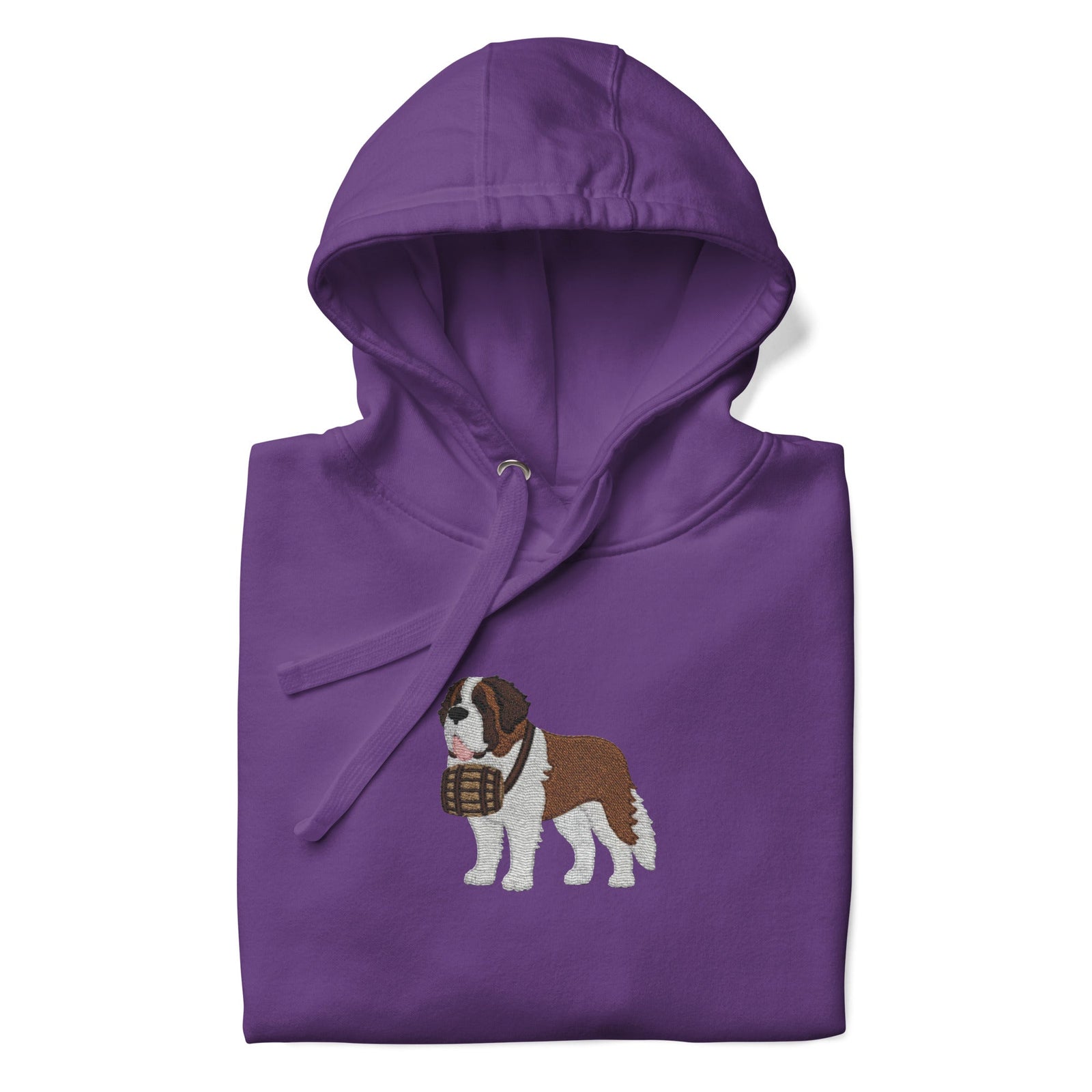 Premium hoodie embroidered with a detailed Saint Bernard with a barrel around its neck by Lucy and Norman.