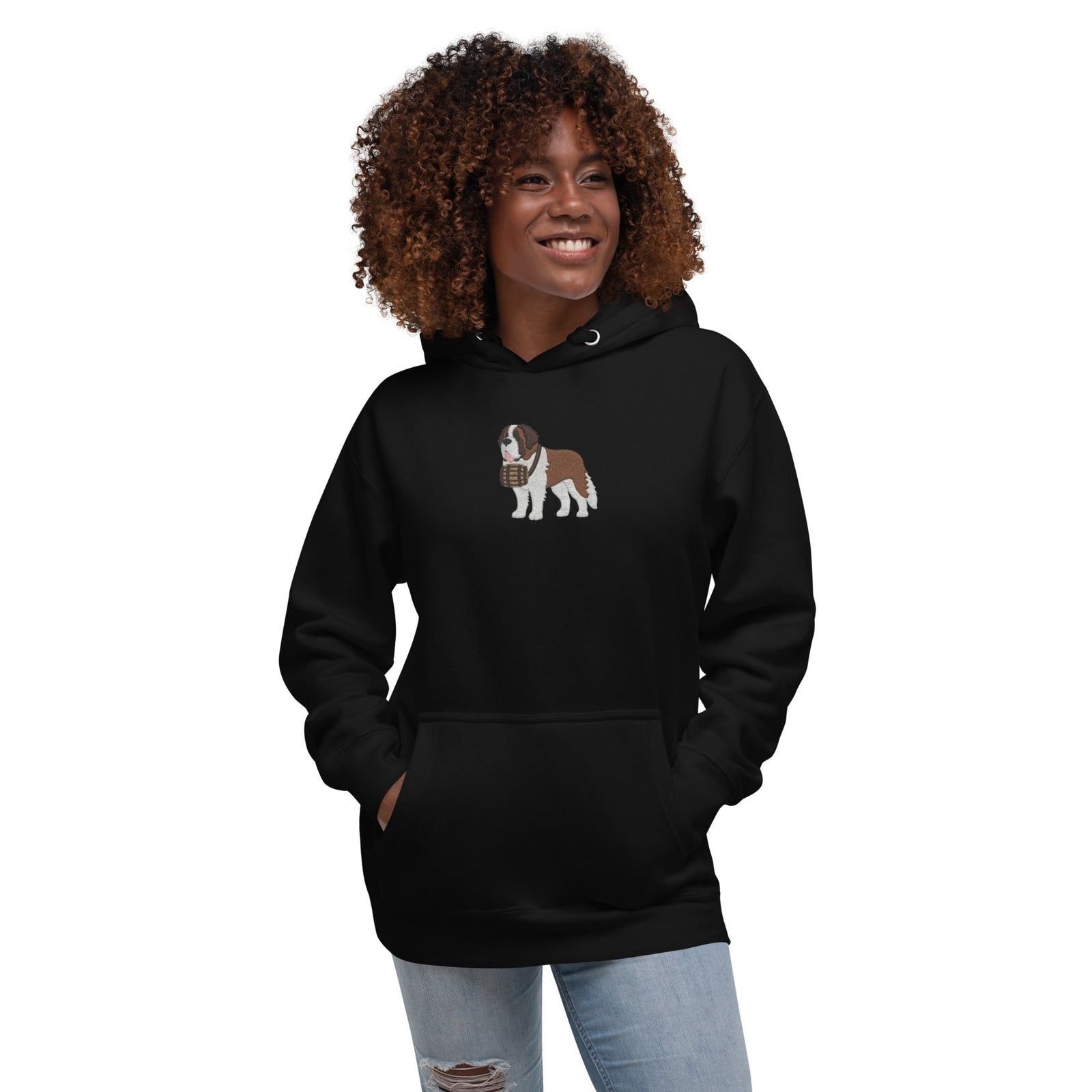 Premium hoodie embroidered with a detailed Saint Bernard with a barrel around its neck by Lucy and Norman.