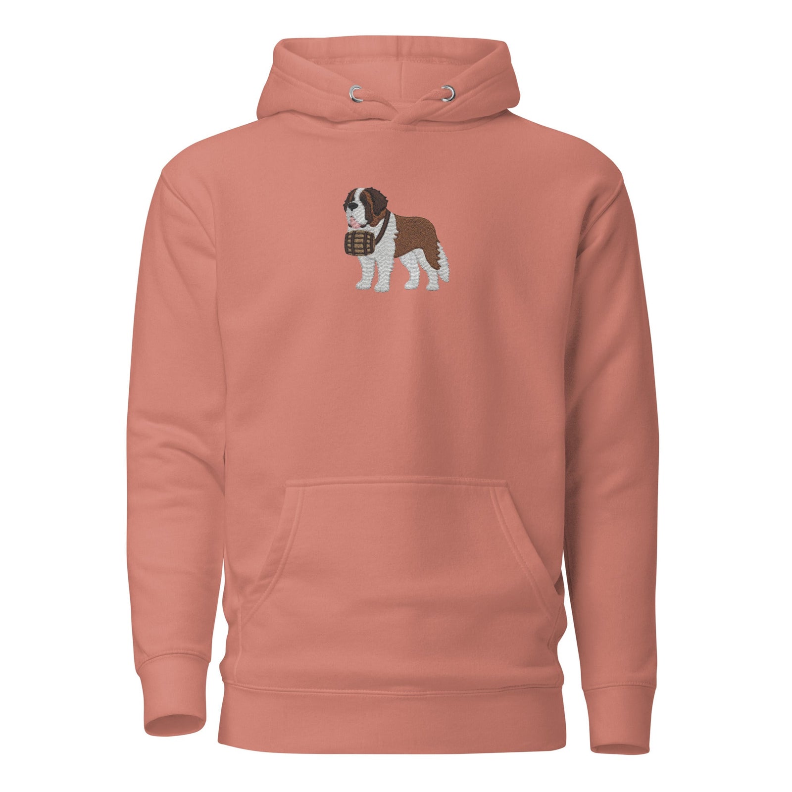 Premium hoodie embroidered with a detailed Saint Bernard with a barrel around its neck by Lucy and Norman.