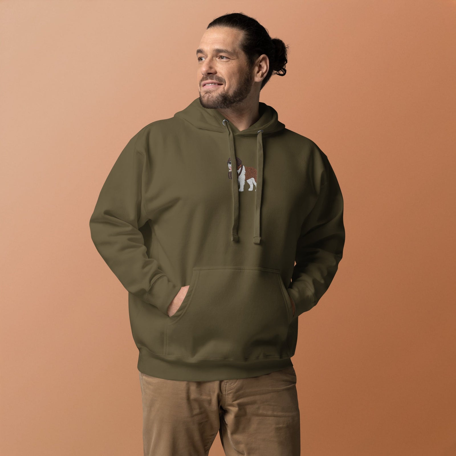Premium hoodie embroidered with a detailed Saint Bernard with a barrel around its neck by Lucy and Norman.