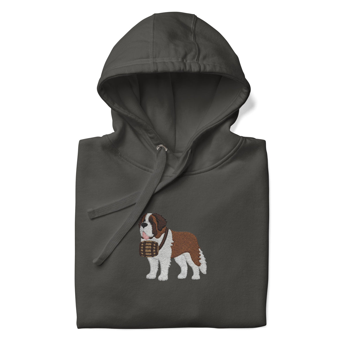 Premium hoodie embroidered with a detailed Saint Bernard with a barrel around its neck by Lucy and Norman.
