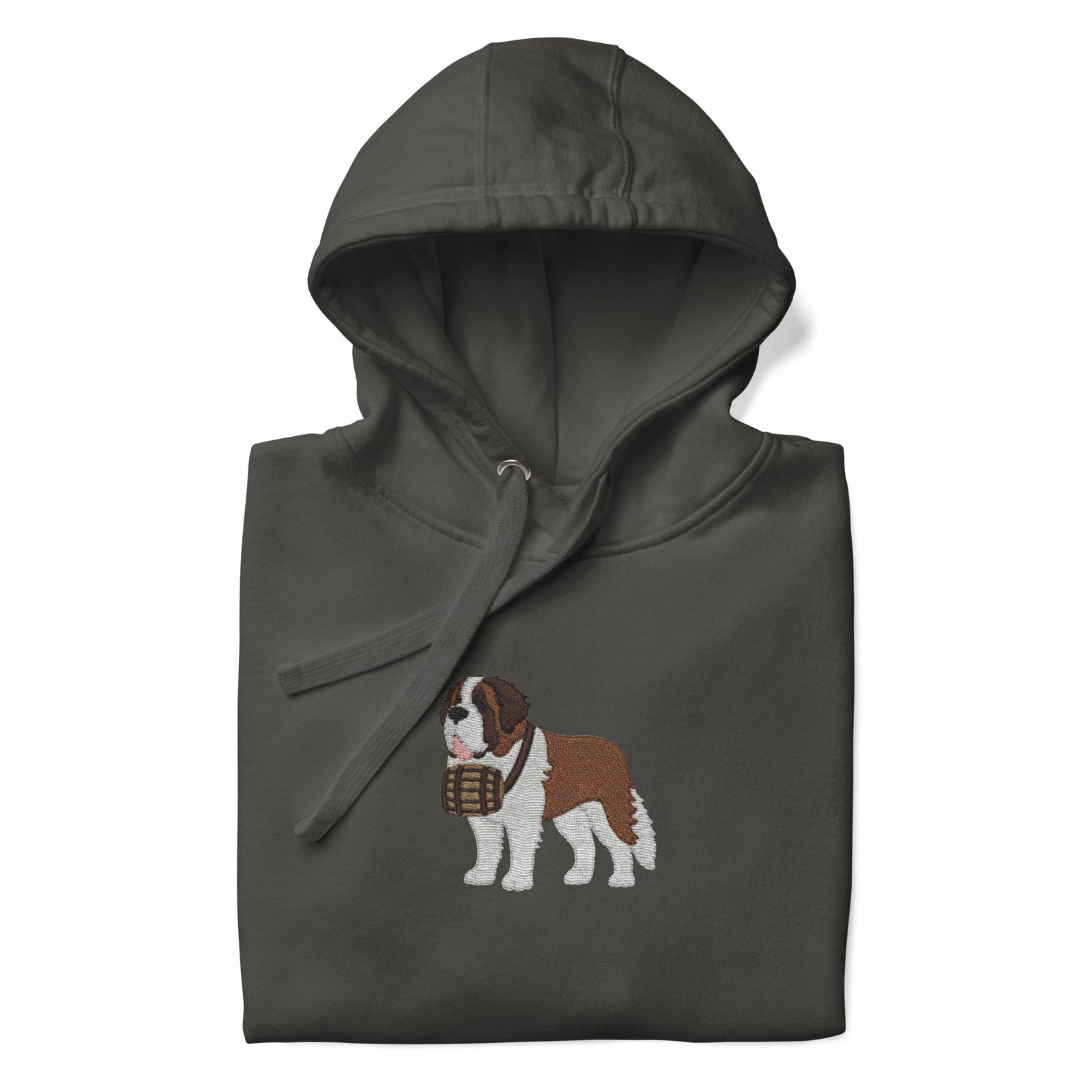 Premium hoodie embroidered with a detailed Saint Bernard with a barrel around its neck by Lucy and Norman.
