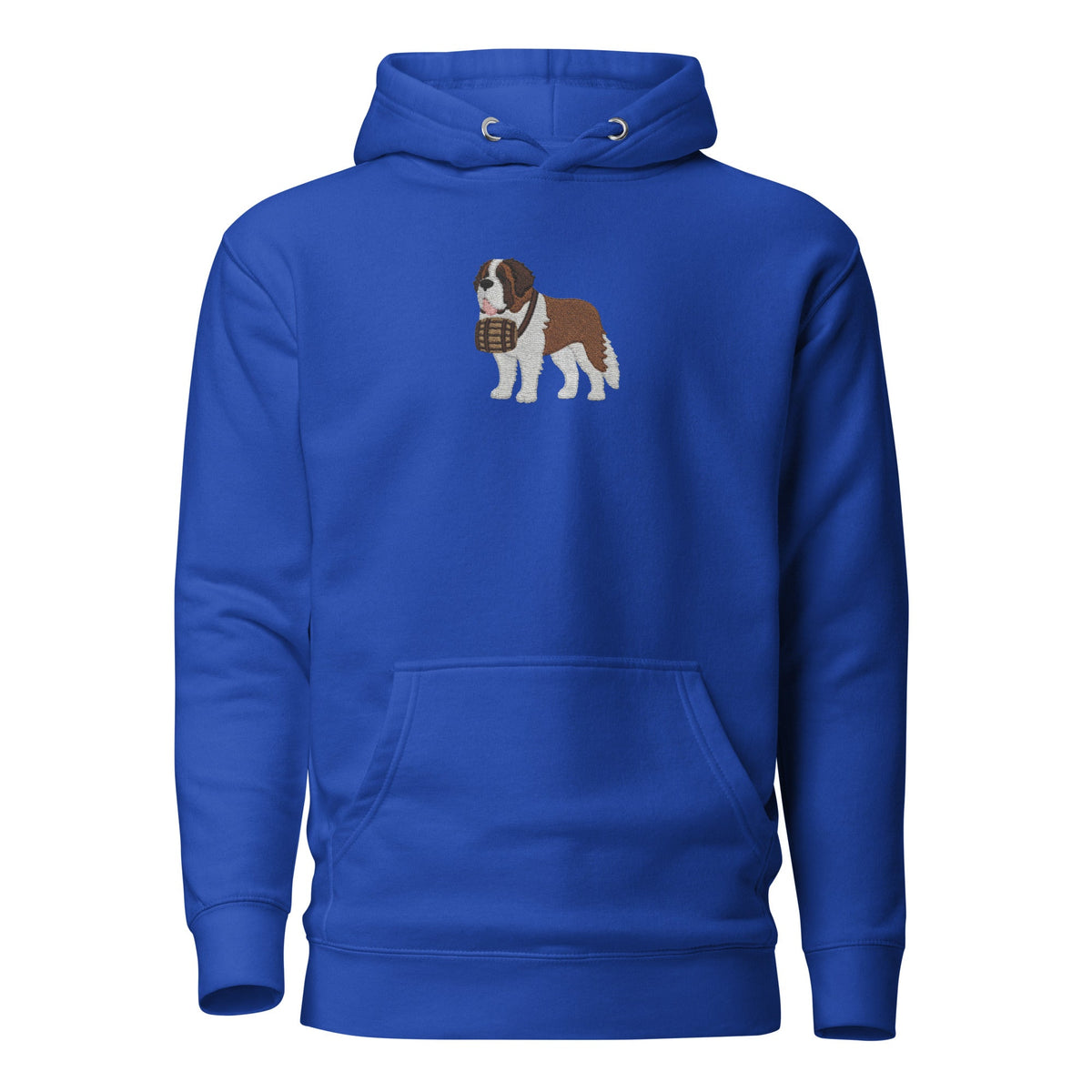 Premium hoodie embroidered with a detailed Saint Bernard with a barrel around its neck by Lucy and Norman.