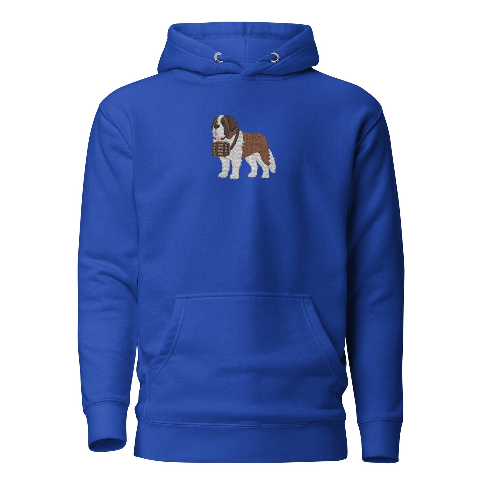 Premium hoodie embroidered with a detailed Saint Bernard with a barrel around its neck by Lucy and Norman.