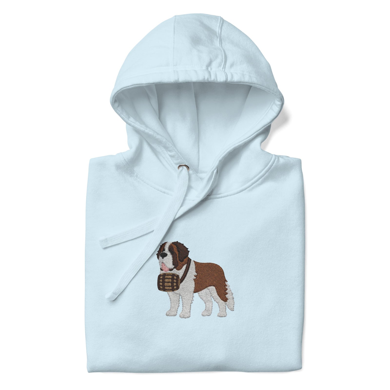 Premium hoodie embroidered with a detailed Saint Bernard with a barrel around its neck by Lucy and Norman.