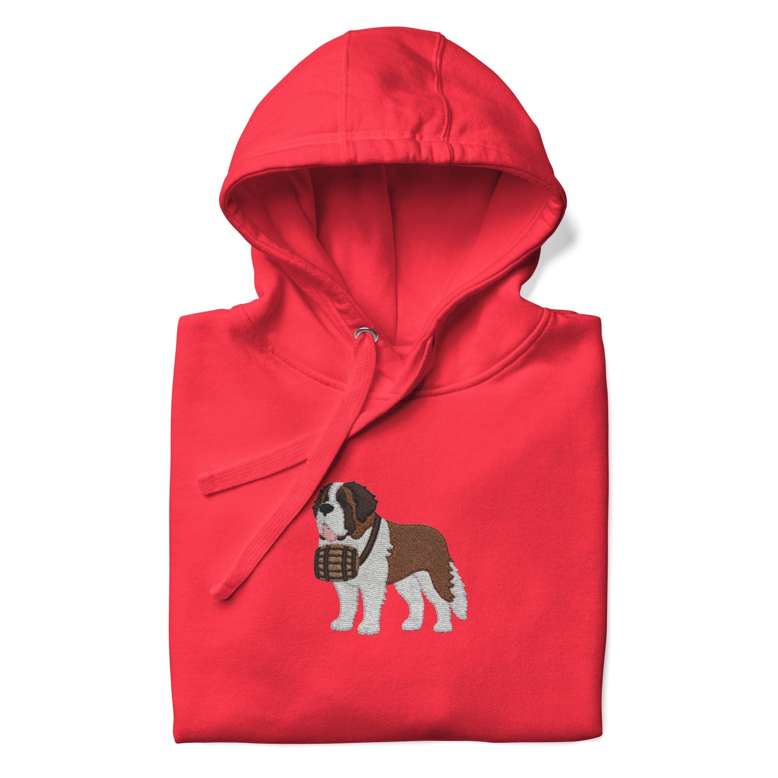 Premium hoodie embroidered with a detailed Saint Bernard with a barrel around its neck by Lucy and Norman.