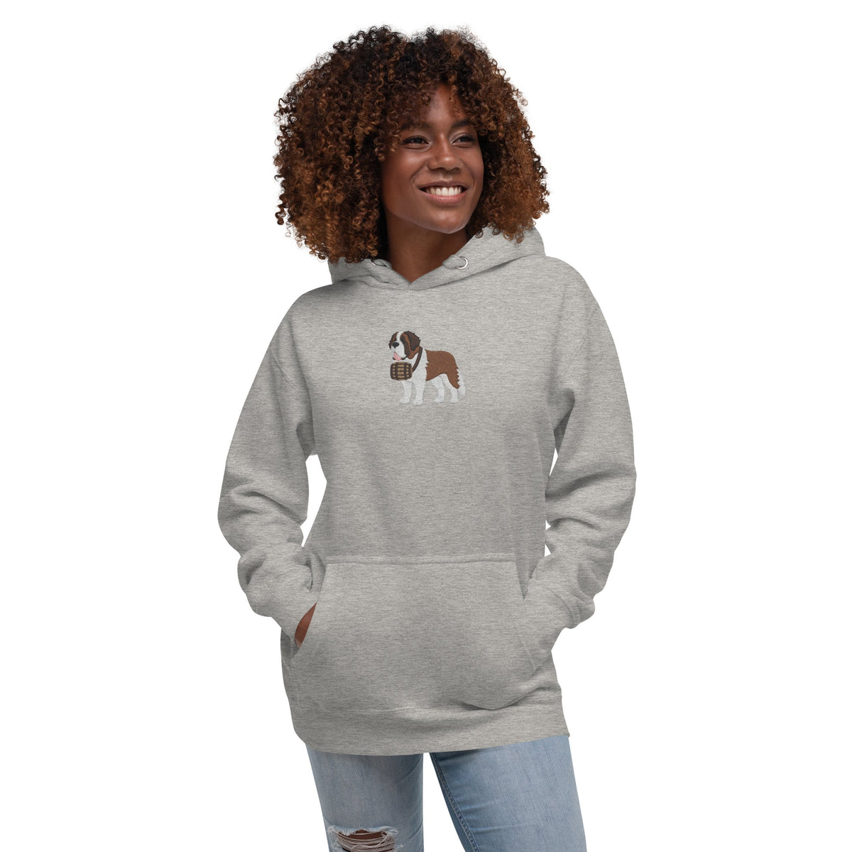 Premium hoodie embroidered with a detailed Saint Bernard with a barrel around its neck by Lucy and Norman.