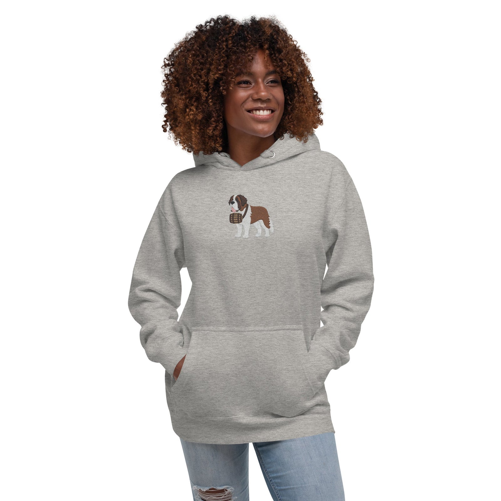 Premium hoodie embroidered with a detailed Saint Bernard with a barrel around its neck by Lucy and Norman.