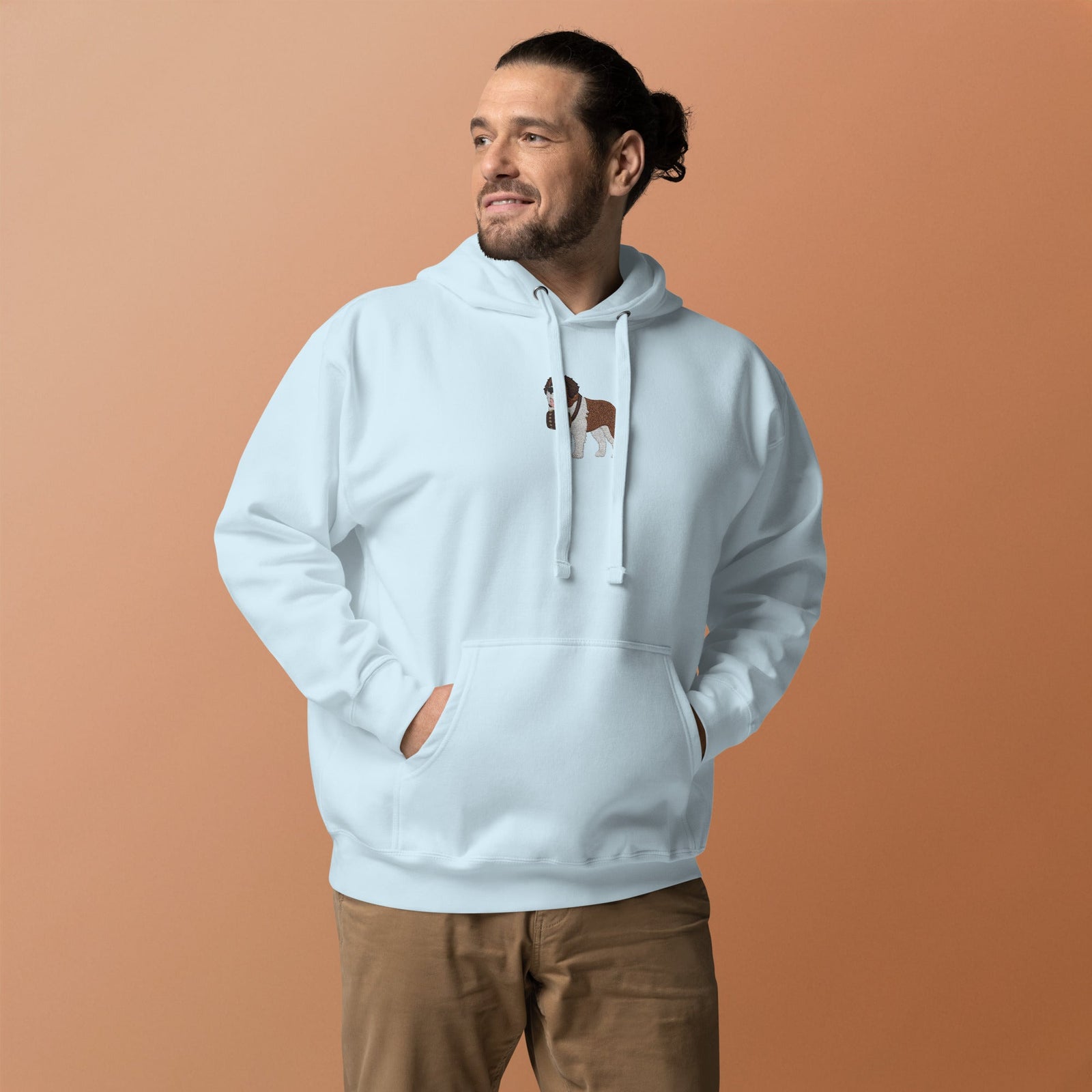 Premium hoodie embroidered with a detailed Saint Bernard with a barrel around its neck by Lucy and Norman.