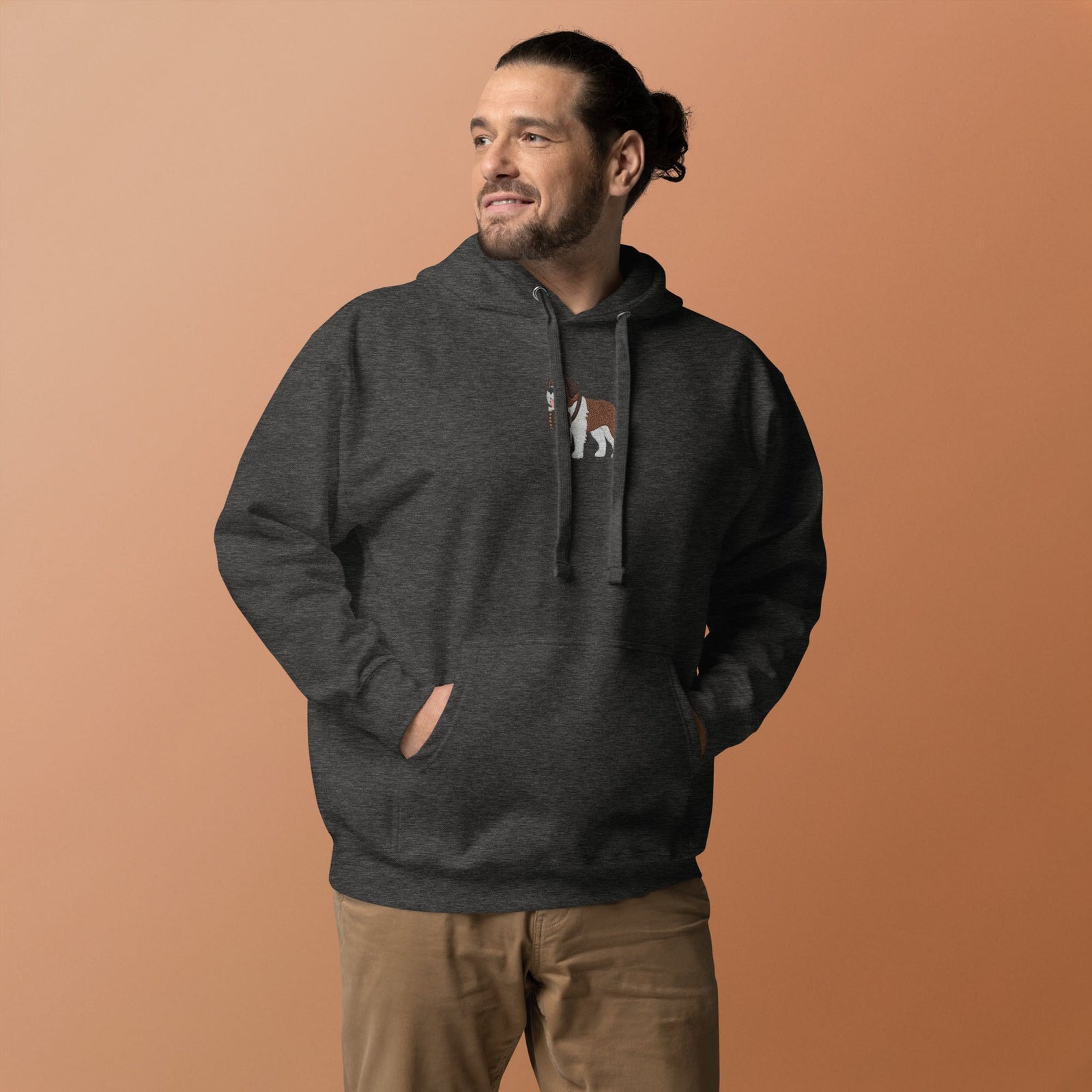 Premium hoodie embroidered with a detailed Saint Bernard with a barrel around its neck by Lucy and Norman.