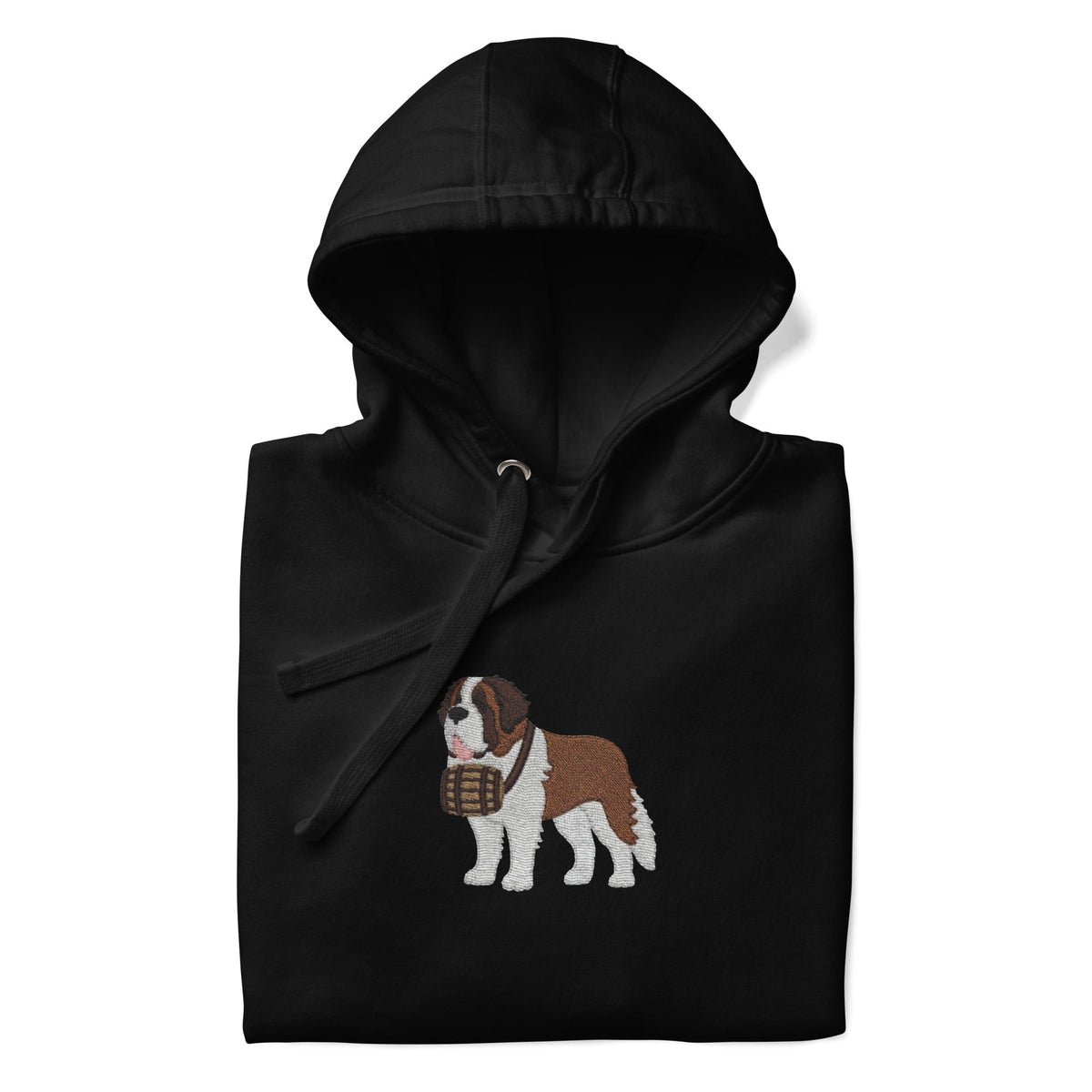 Premium hoodie embroidered with a detailed Saint Bernard with a barrel around its neck by Lucy and Norman.