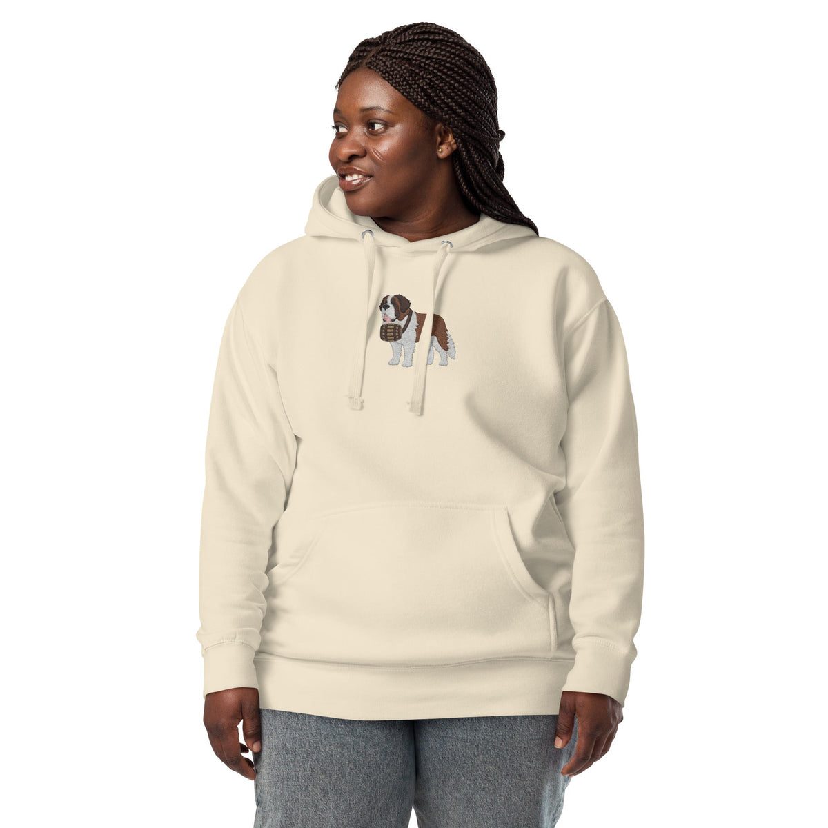 Premium hoodie embroidered with a detailed Saint Bernard with a barrel around its neck by Lucy and Norman.