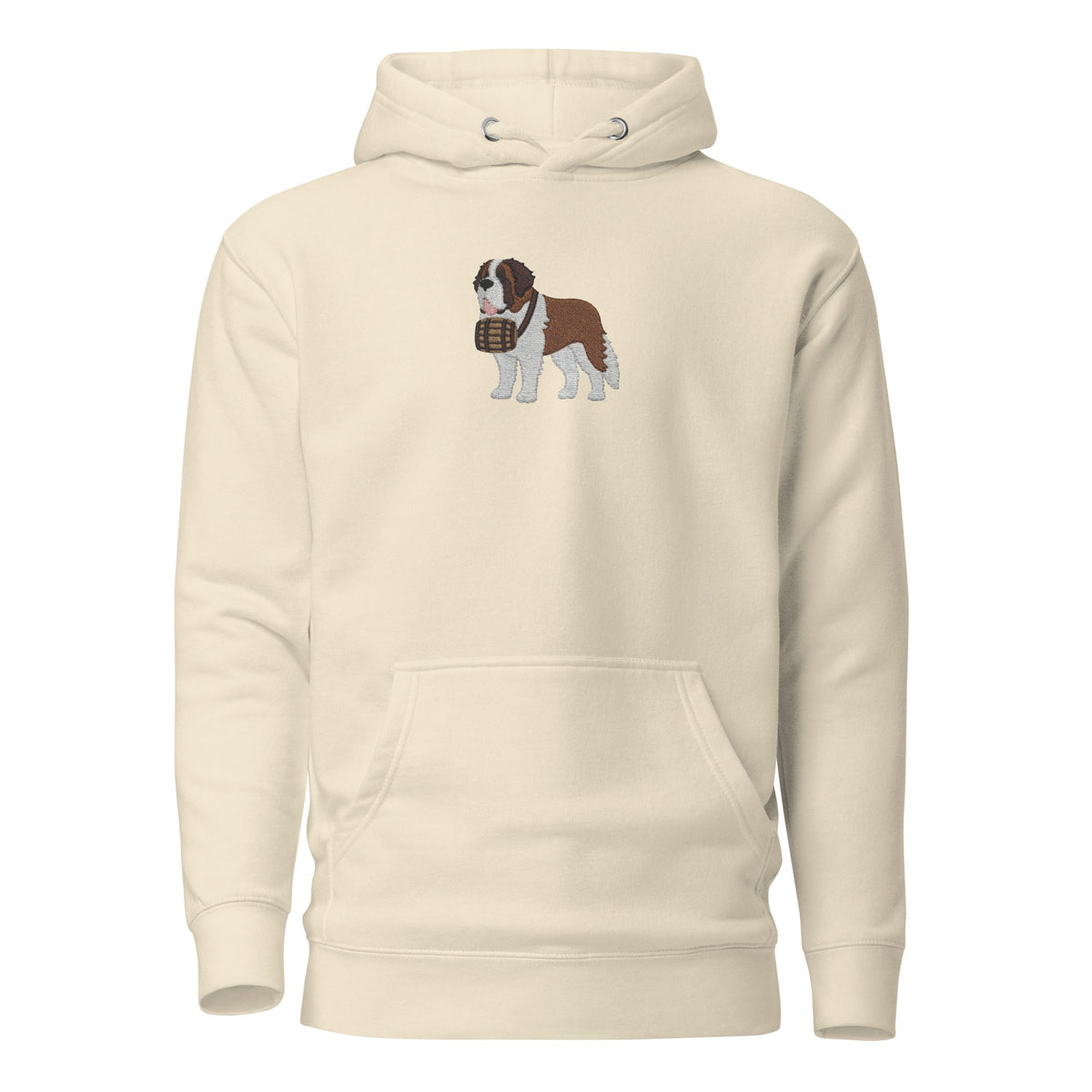 Premium hoodie embroidered with a detailed Saint Bernard with a barrel around its neck by Lucy and Norman.