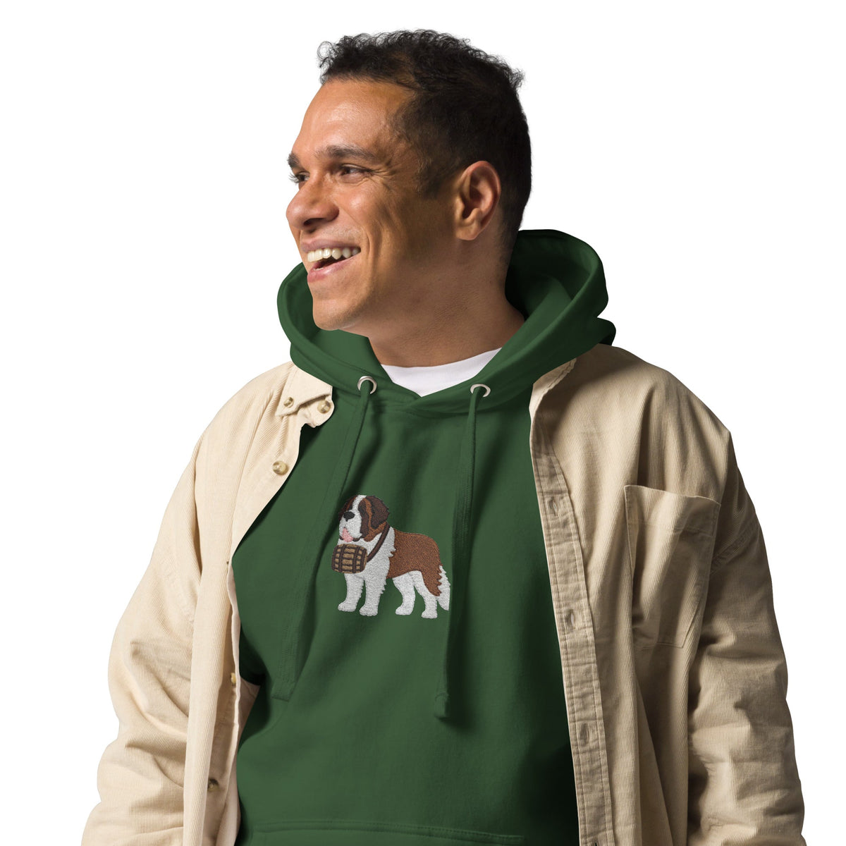 Premium hoodie embroidered with a detailed Saint Bernard with a barrel around its neck by Lucy and Norman.