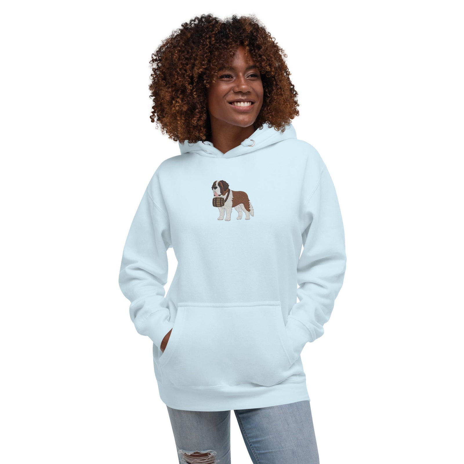 Premium hoodie embroidered with a detailed Saint Bernard with a barrel around its neck by Lucy and Norman.