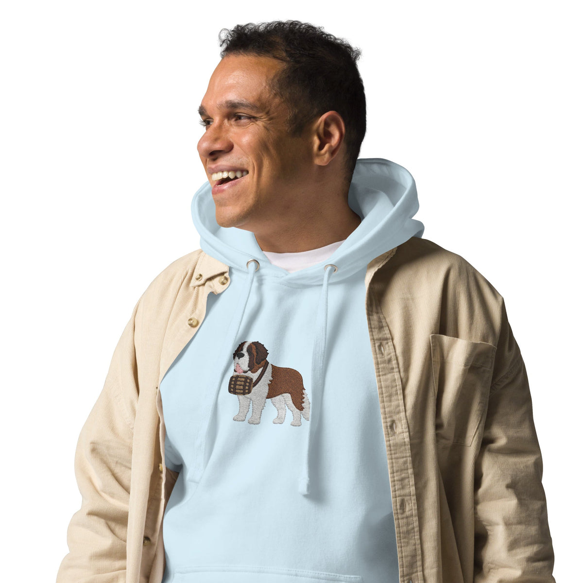 Premium hoodie embroidered with a detailed Saint Bernard with a barrel around its neck by Lucy and Norman.