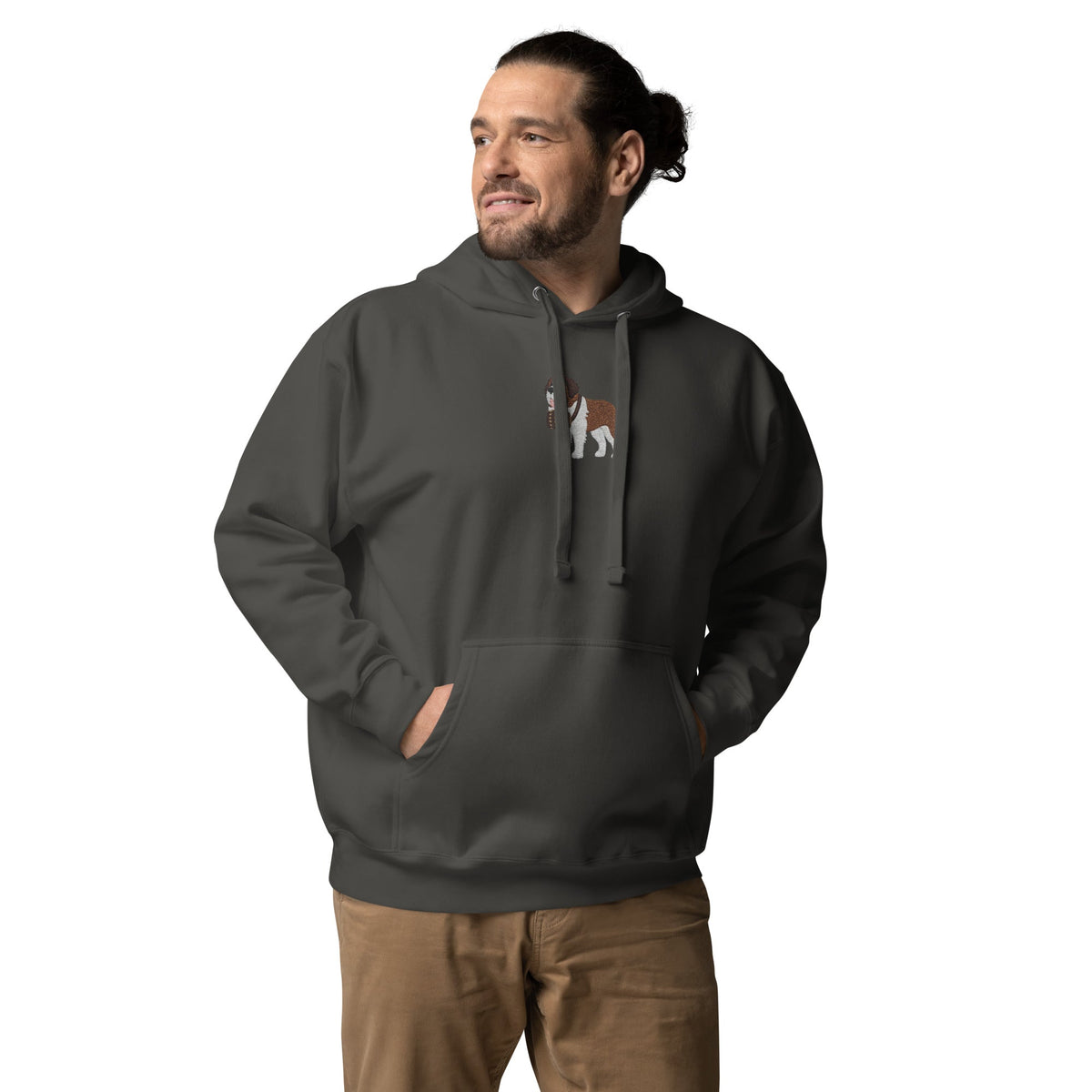 Premium hoodie embroidered with a detailed Saint Bernard with a barrel around its neck by Lucy and Norman.