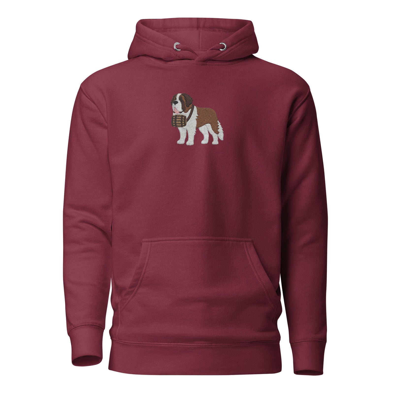 Premium hoodie embroidered with a detailed Saint Bernard with a barrel around its neck by Lucy and Norman.