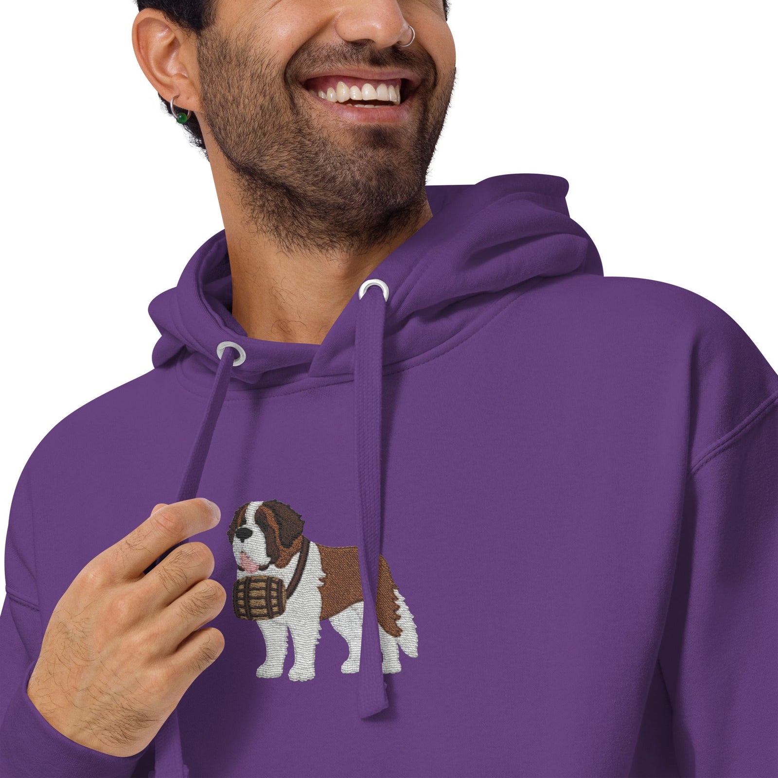 Premium hoodie embroidered with a detailed Saint Bernard with a barrel around its neck by Lucy and Norman.