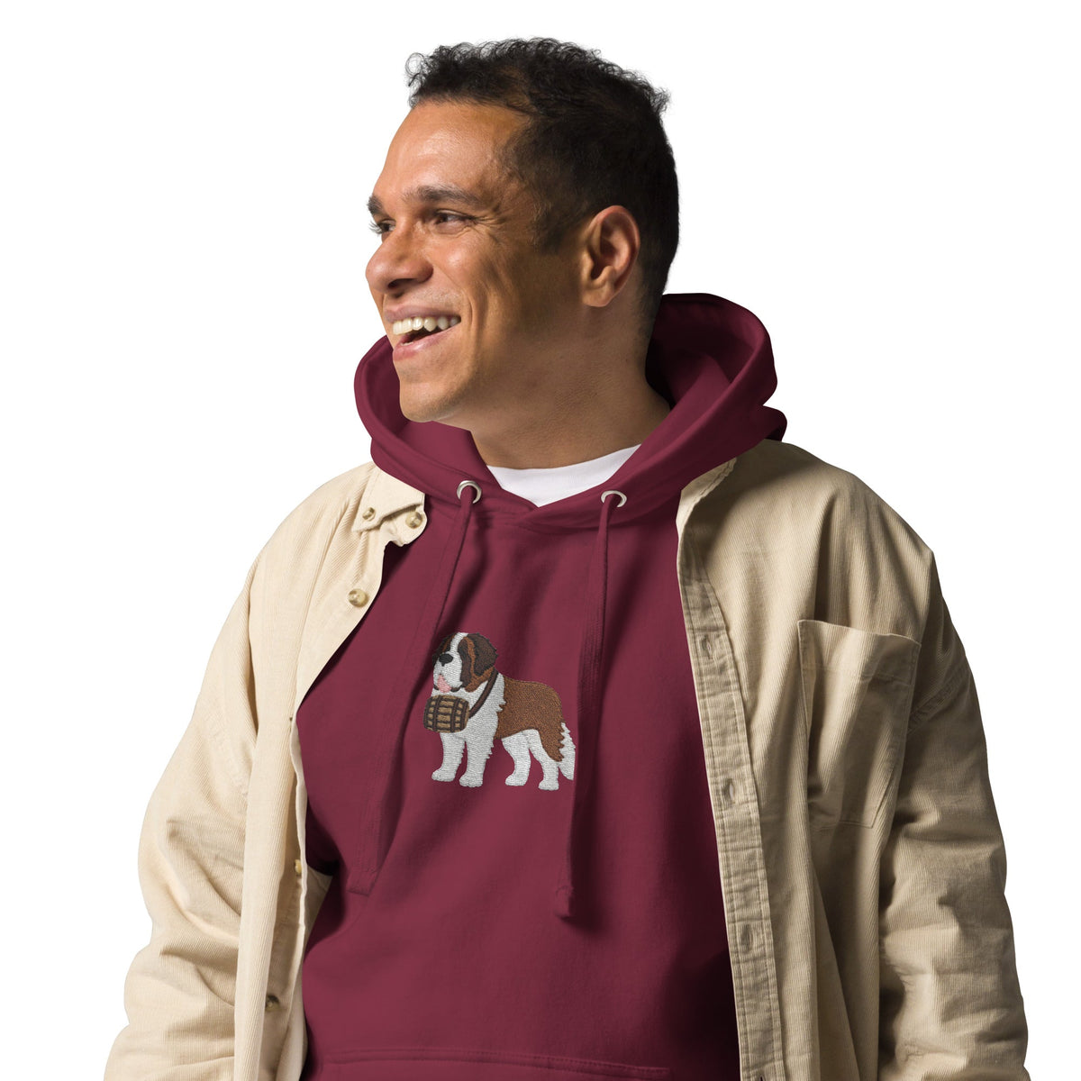 Premium hoodie embroidered with a detailed Saint Bernard with a barrel around its neck by Lucy and Norman.