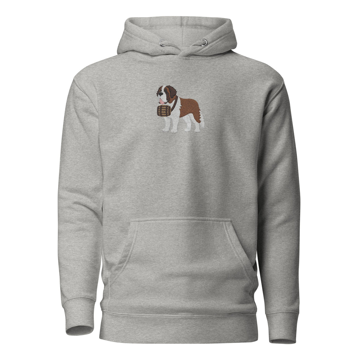Premium hoodie embroidered with a detailed Saint Bernard with a barrel around its neck by Lucy and Norman.
