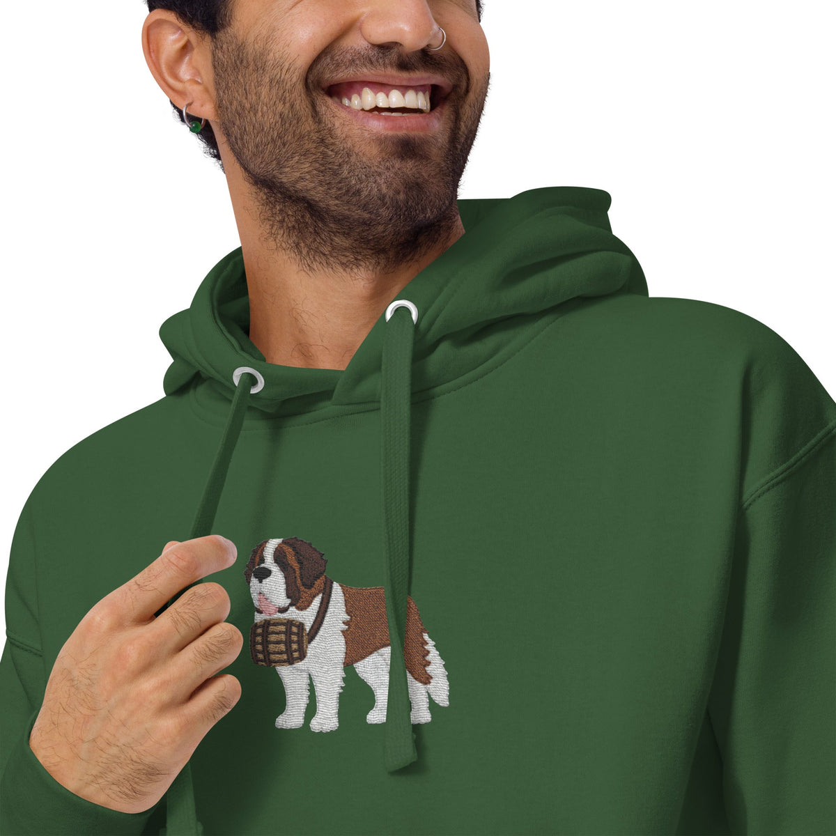 Premium hoodie embroidered with a detailed Saint Bernard with a barrel around its neck by Lucy and Norman.