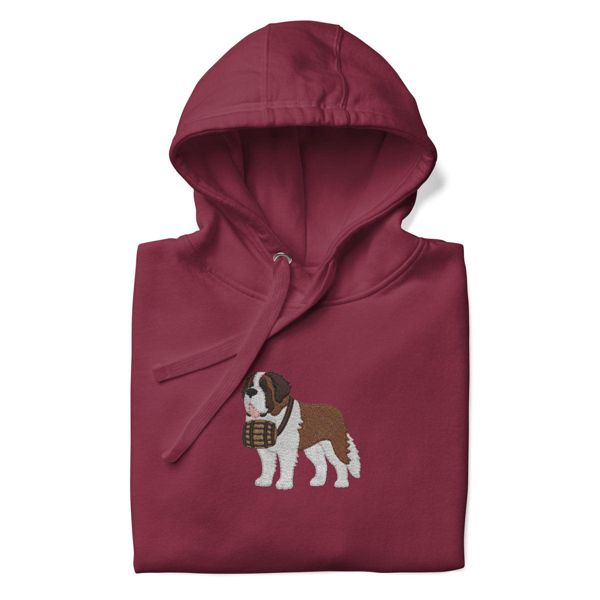 Premium hoodie embroidered with a detailed Saint Bernard with a barrel around its neck by Lucy and Norman.