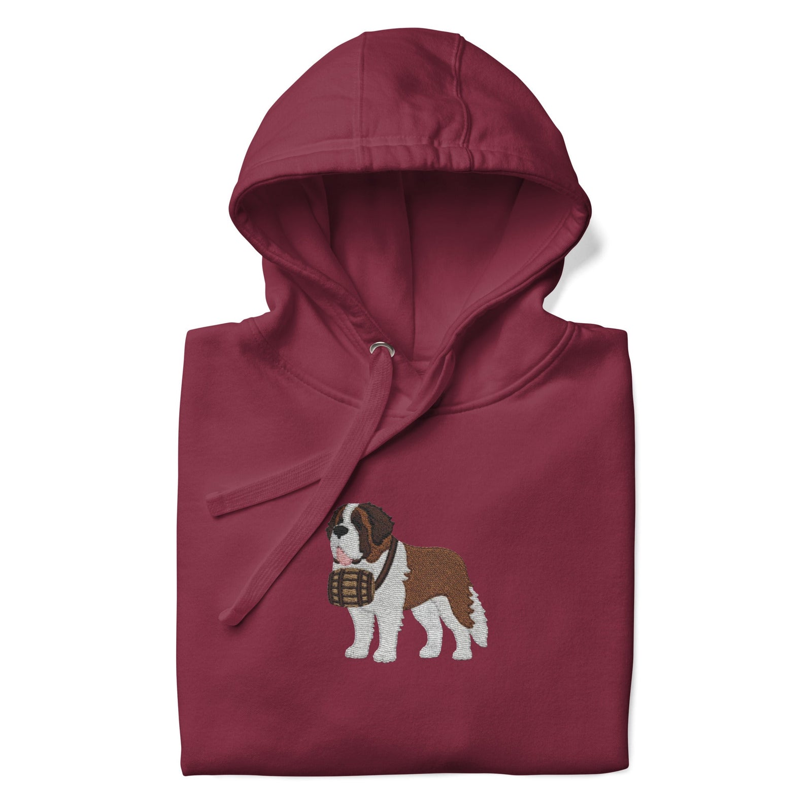 Premium hoodie embroidered with a detailed Saint Bernard with a barrel around its neck by Lucy and Norman.