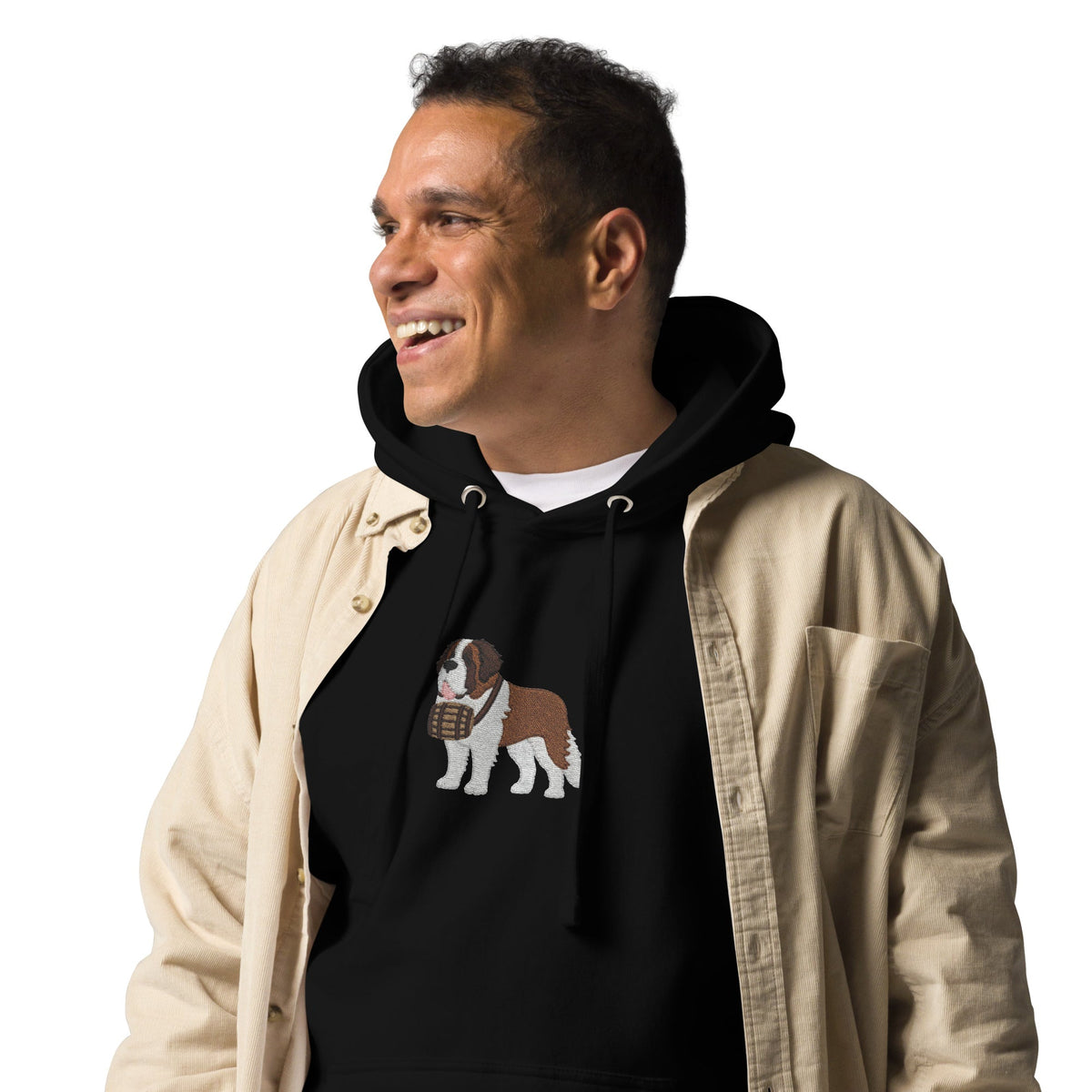Premium hoodie embroidered with a detailed Saint Bernard with a barrel around its neck by Lucy and Norman.