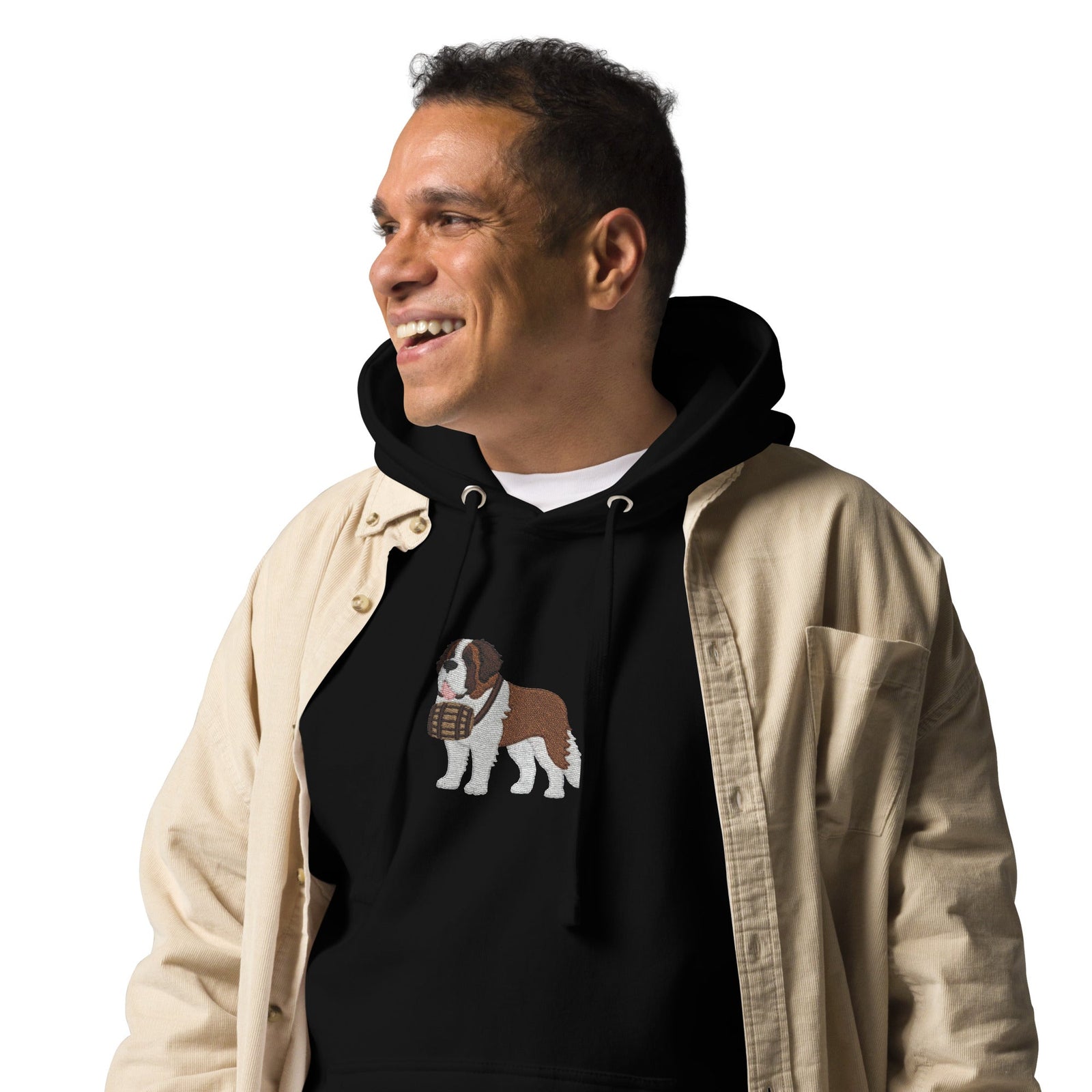 Premium hoodie embroidered with a detailed Saint Bernard with a barrel around its neck by Lucy and Norman.