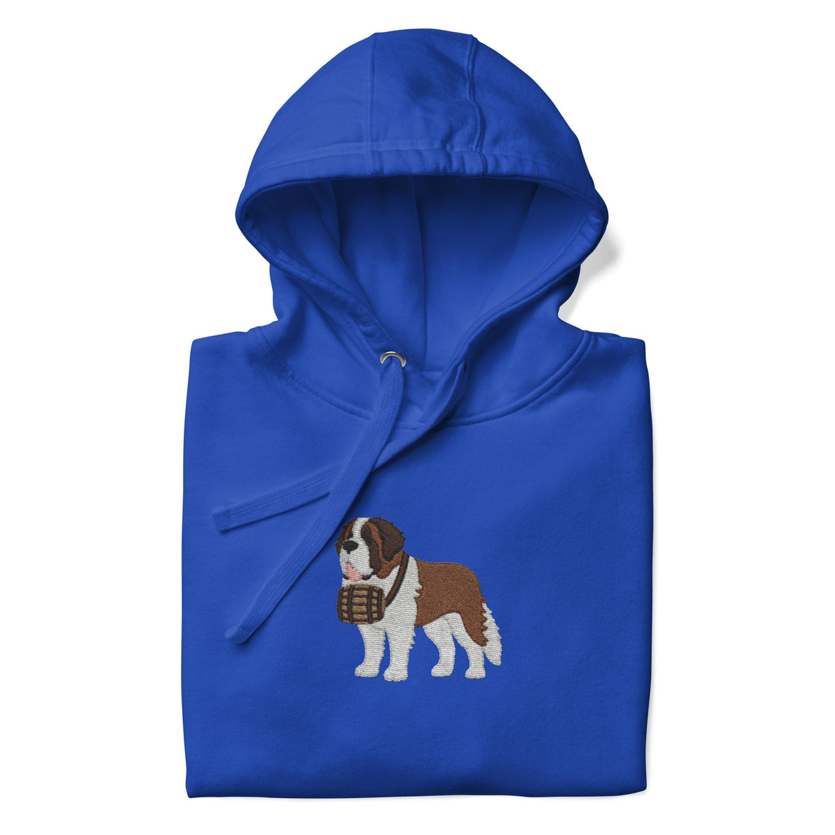 Premium hoodie embroidered with a detailed Saint Bernard with a barrel around its neck by Lucy and Norman.