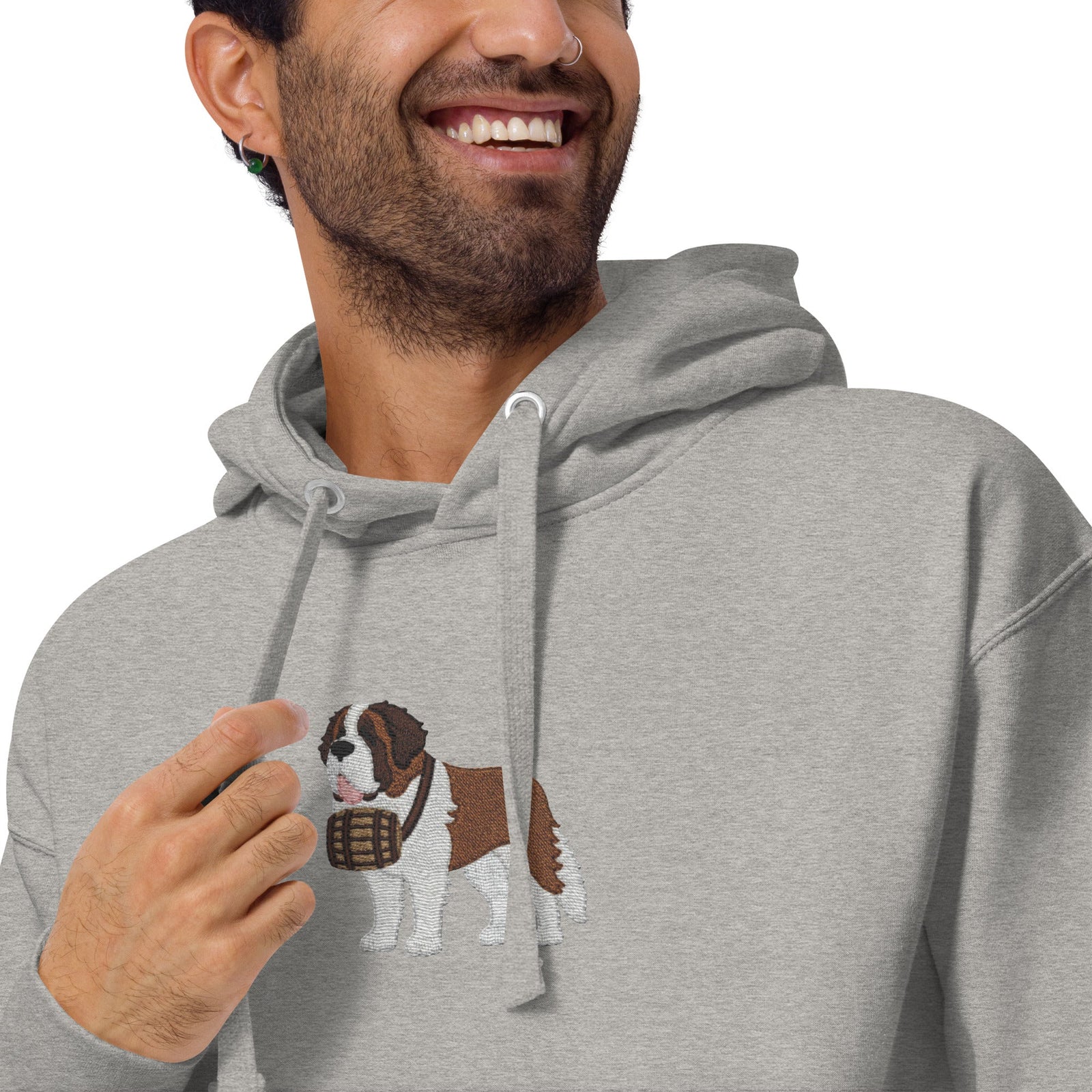 Premium hoodie embroidered with a detailed Saint Bernard with a barrel around its neck by Lucy and Norman.