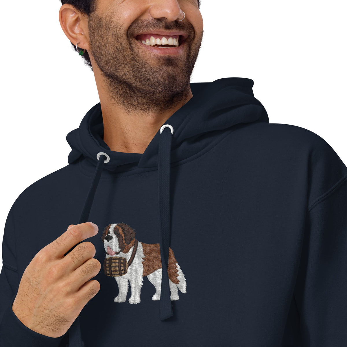 Premium hoodie embroidered with a detailed Saint Bernard with a barrel around its neck by Lucy and Norman.