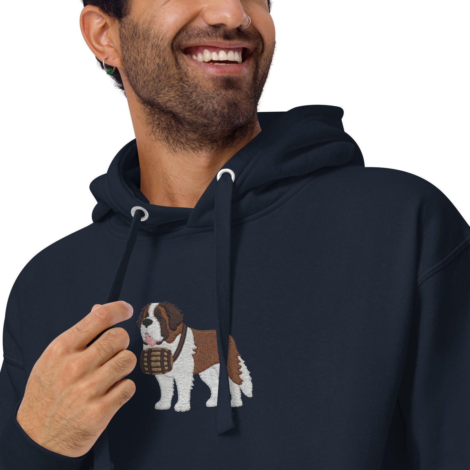 Premium hoodie embroidered with a detailed Saint Bernard with a barrel around its neck by Lucy and Norman.