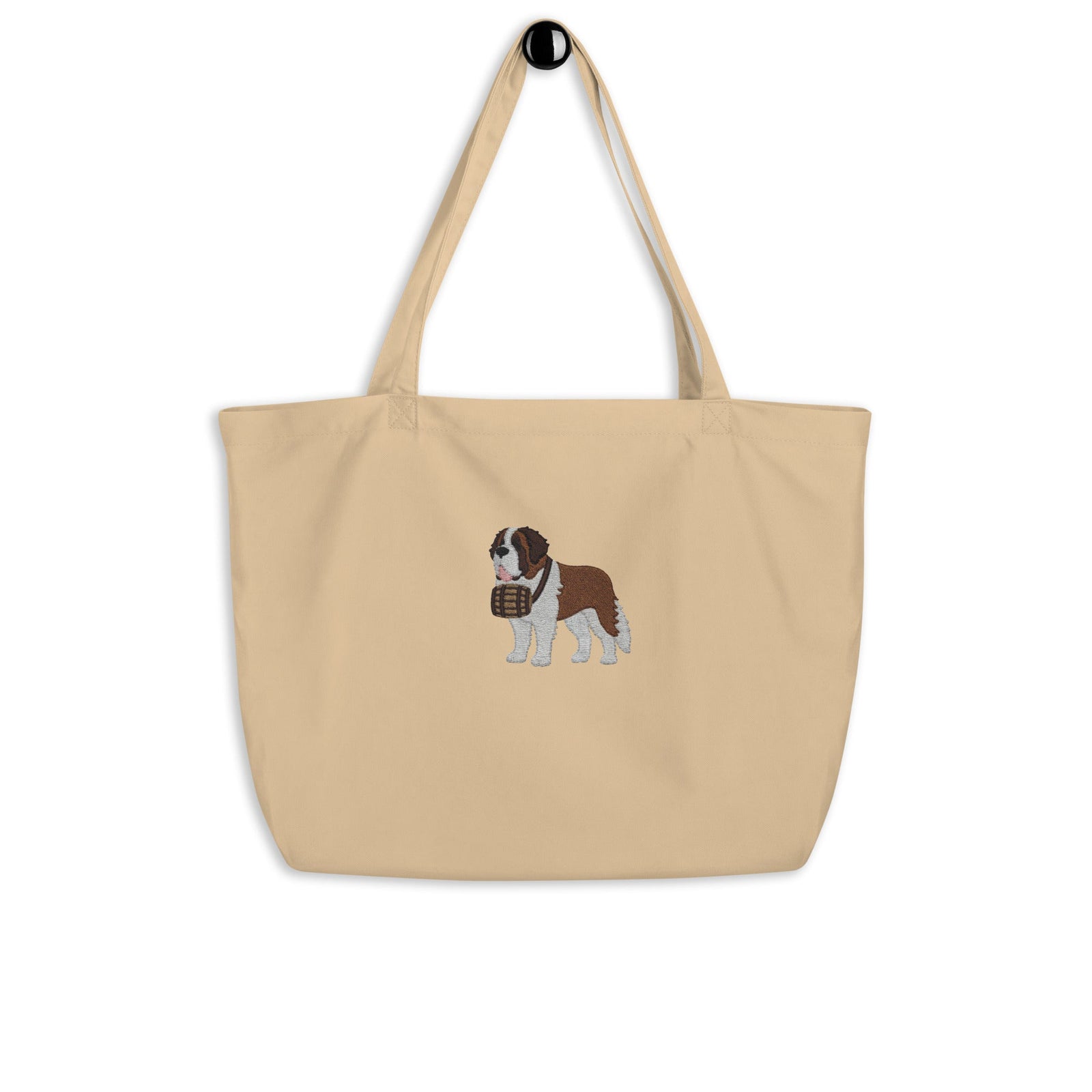 Large beige organic tote bag embroidered with a detailed Saint Bernard with a barrel around its neck by Lucy and Norman.