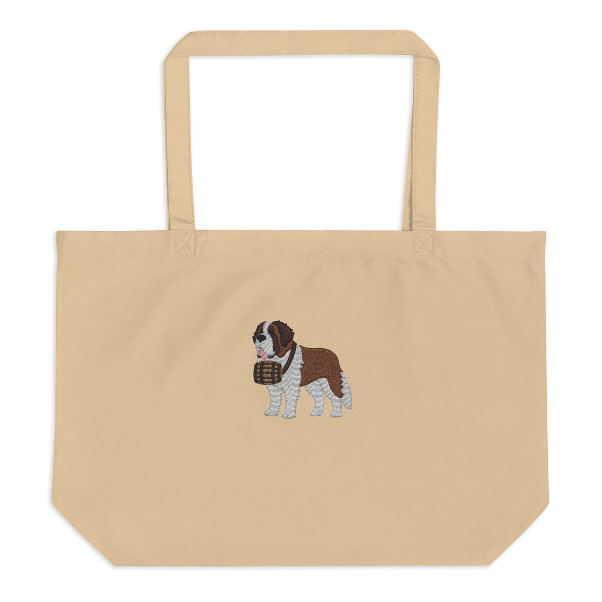 Large beige organic tote bag embroidered with a detailed Saint Bernard with a barrel around its neck by Lucy and Norman.